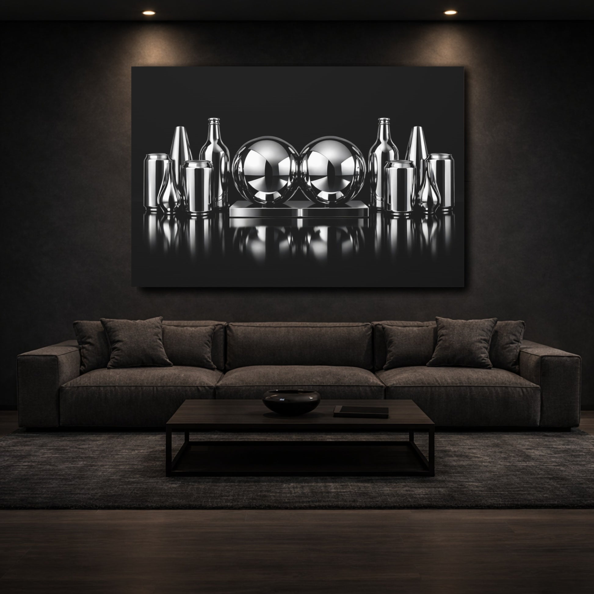 Mockup 2. Abstract Chrome Objects Black And Chrome shown as stretched canvas wall art