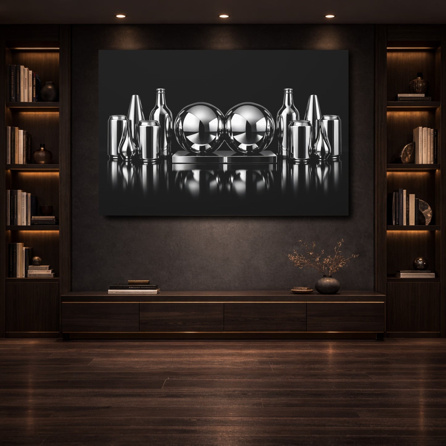 Mockup 3. Abstract Chrome Objects Black And Chrome shown as stretched canvas wall art