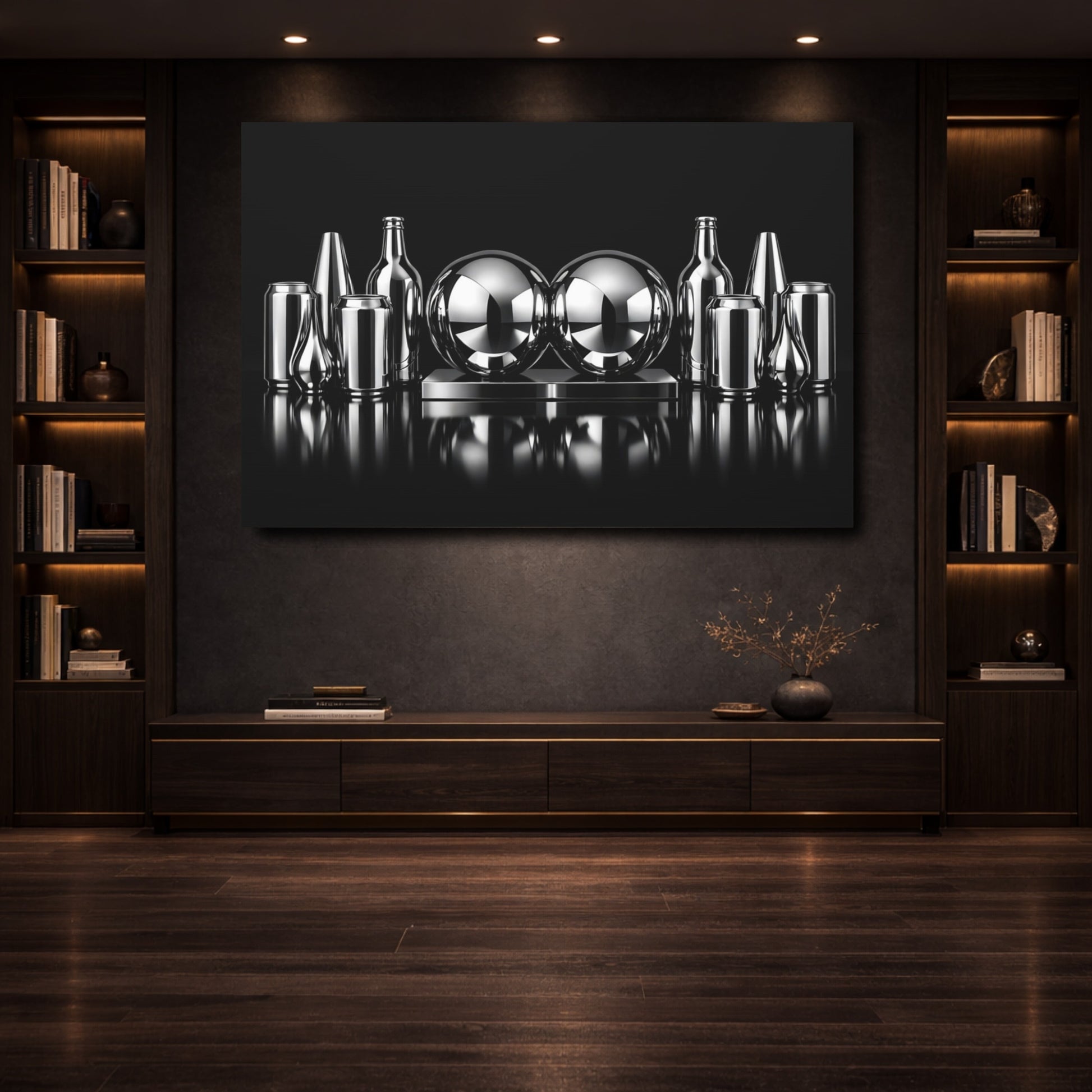 Mockup 3. Abstract Chrome Objects Black And Chrome shown as stretched canvas wall art