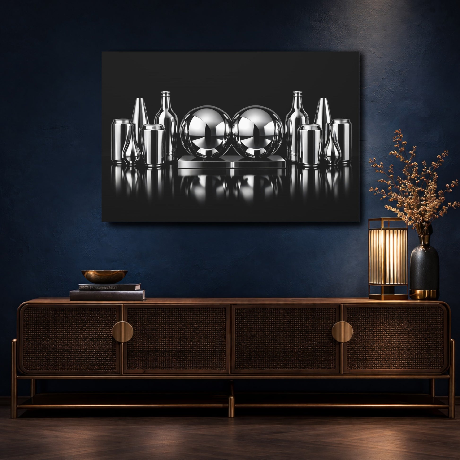Mockup 4. Abstract Chrome Objects Black And Chrome shown as stretched canvas wall art