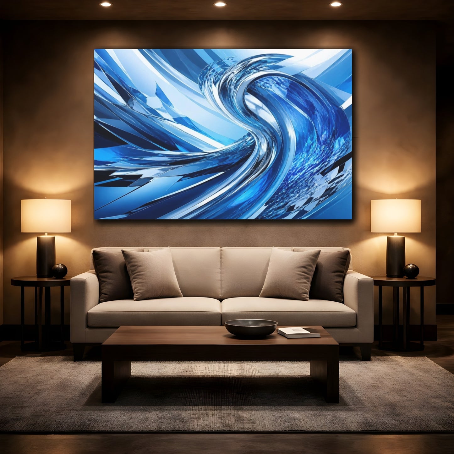 Mockup 2. Abstract Chrome Wave shown as canvas print