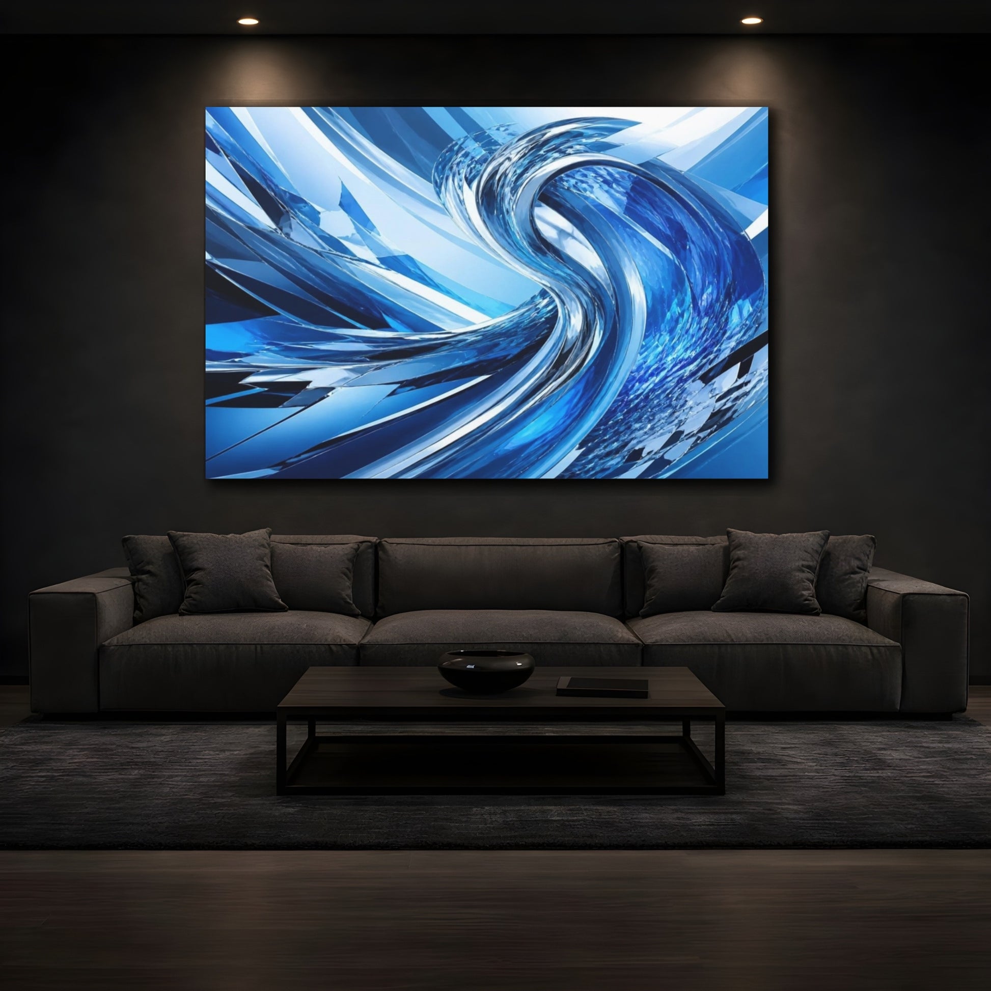 Mockup 3. Abstract Chrome Wave shown as canvas print