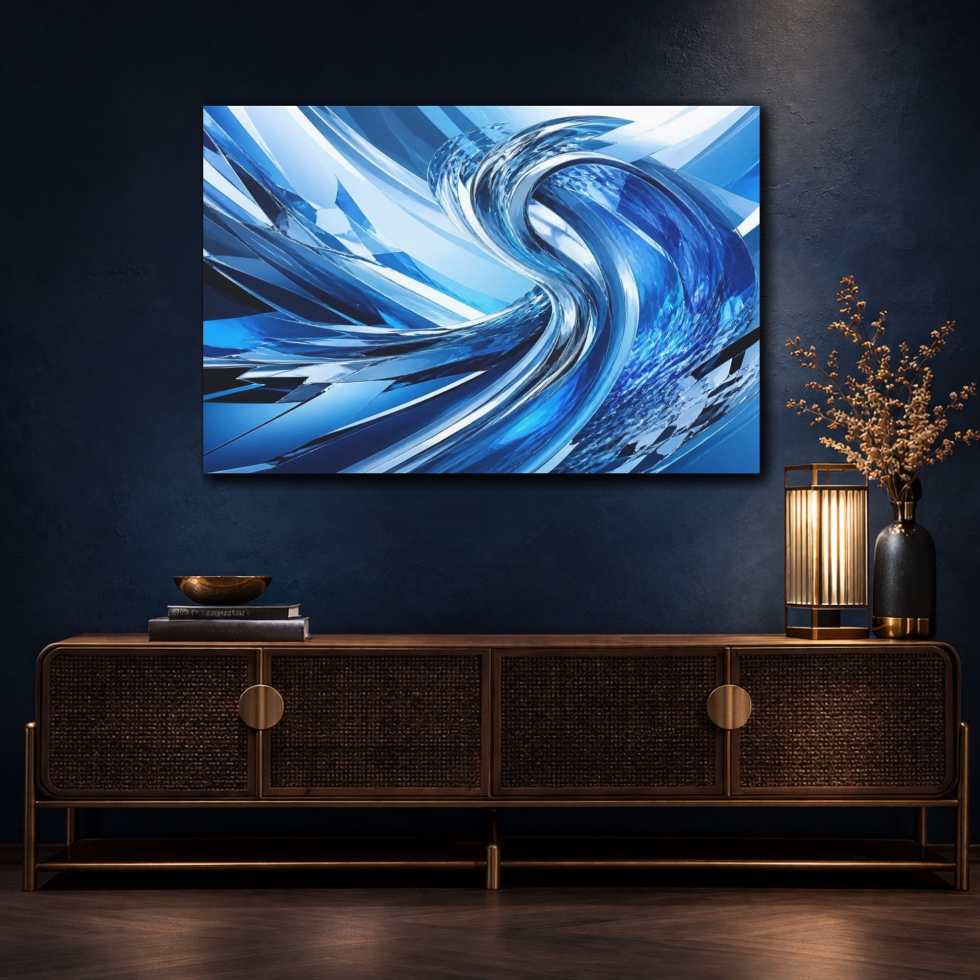 Mockup 4. Abstract Chrome Wave shown as canvas print