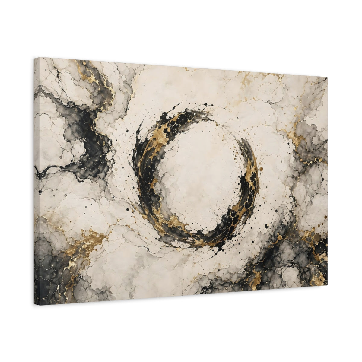 Side Mockup 2. Abstract Abstract Circle Black And Gold shown as stretched canvas wall art