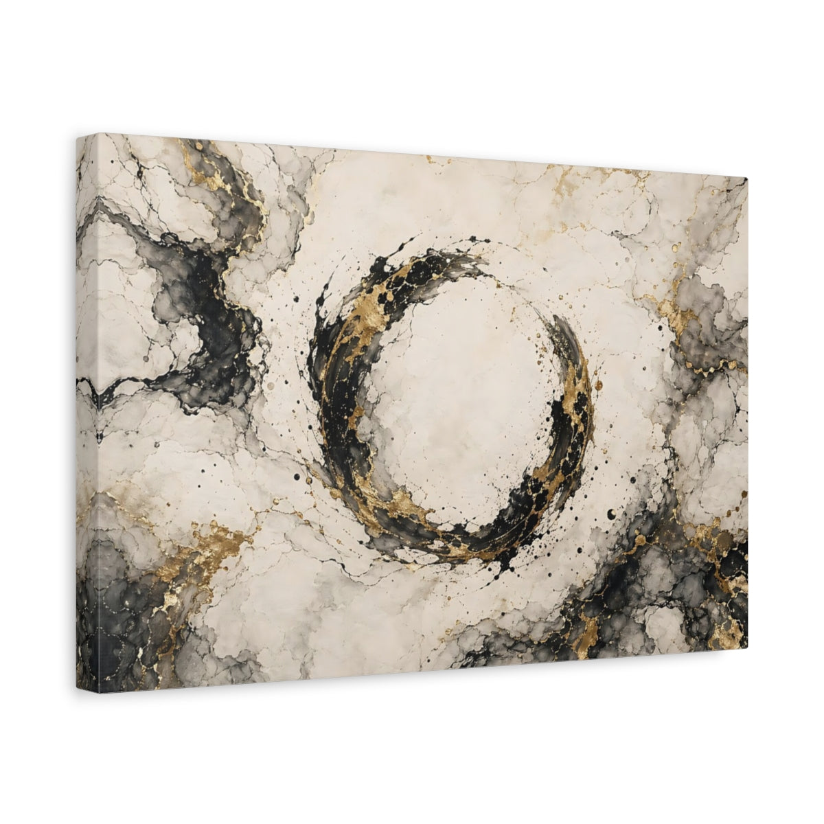 Side Mockup 4. Abstract Abstract Circle Black And Gold shown as stretched canvas wall art