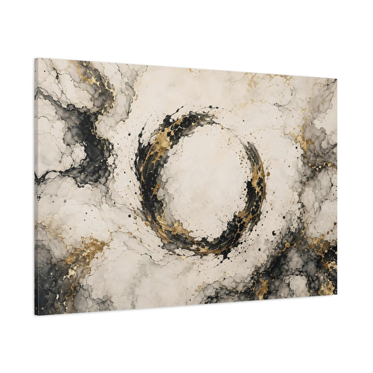 Side Mockup 1. Abstract Abstract Circle Black And Gold shown as stretched canvas wall art