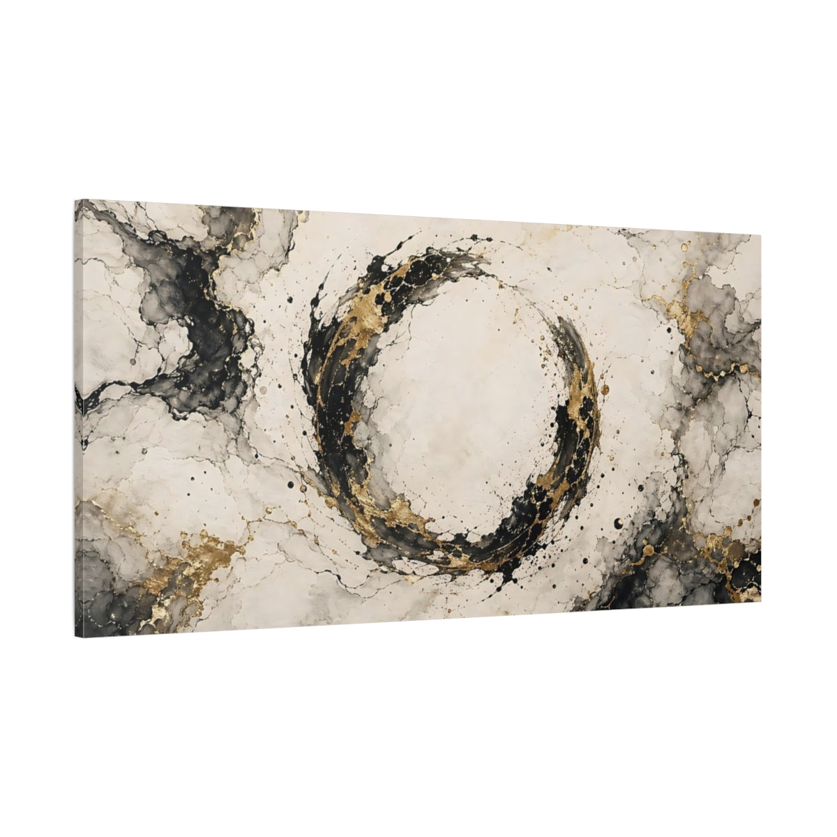 Side Mockup 2. Abstract Abstract Circle Black Gold Abstract shown as stretched canvas wall art