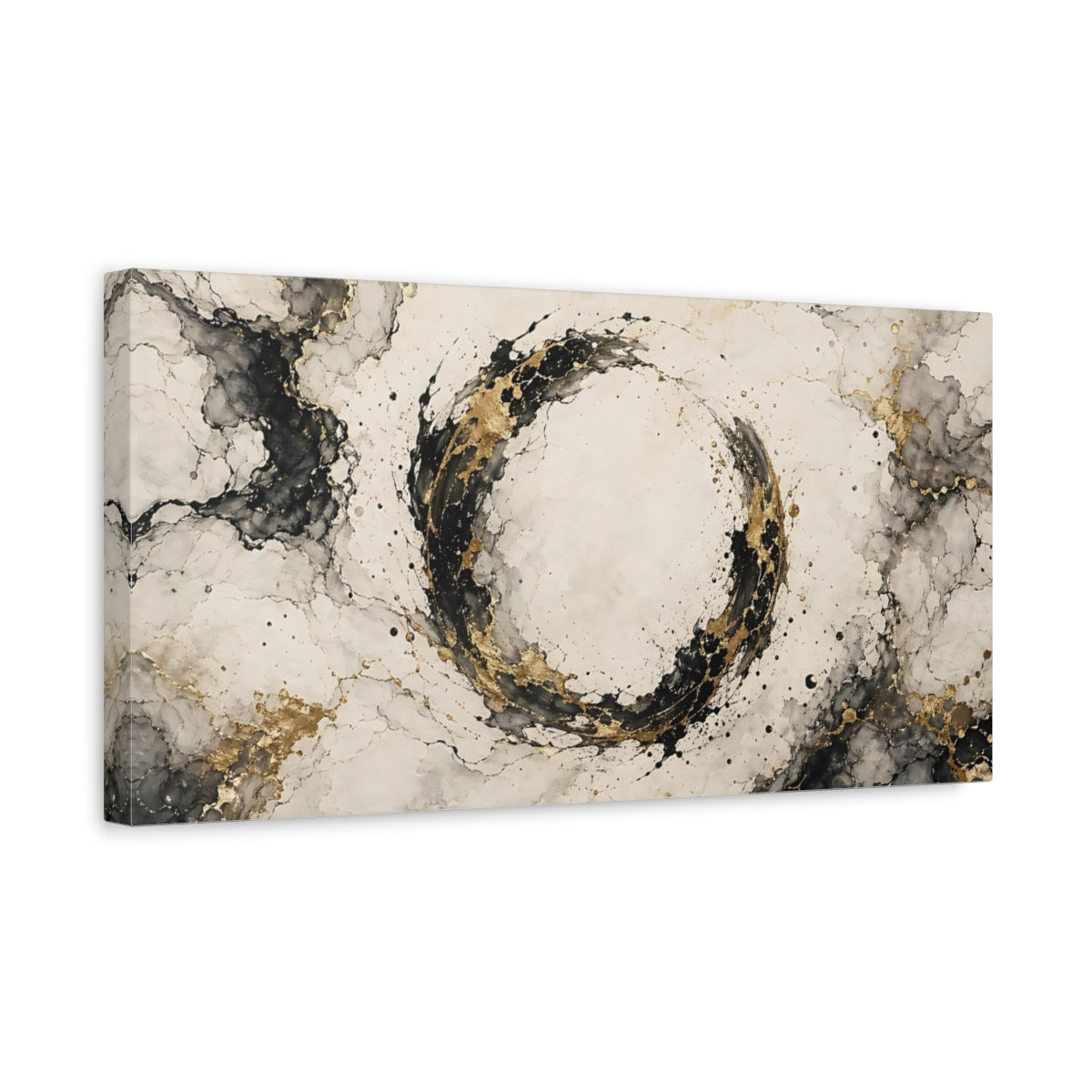 Side Mockup 3. Abstract Abstract Circle Black Gold Abstract shown as stretched canvas wall art