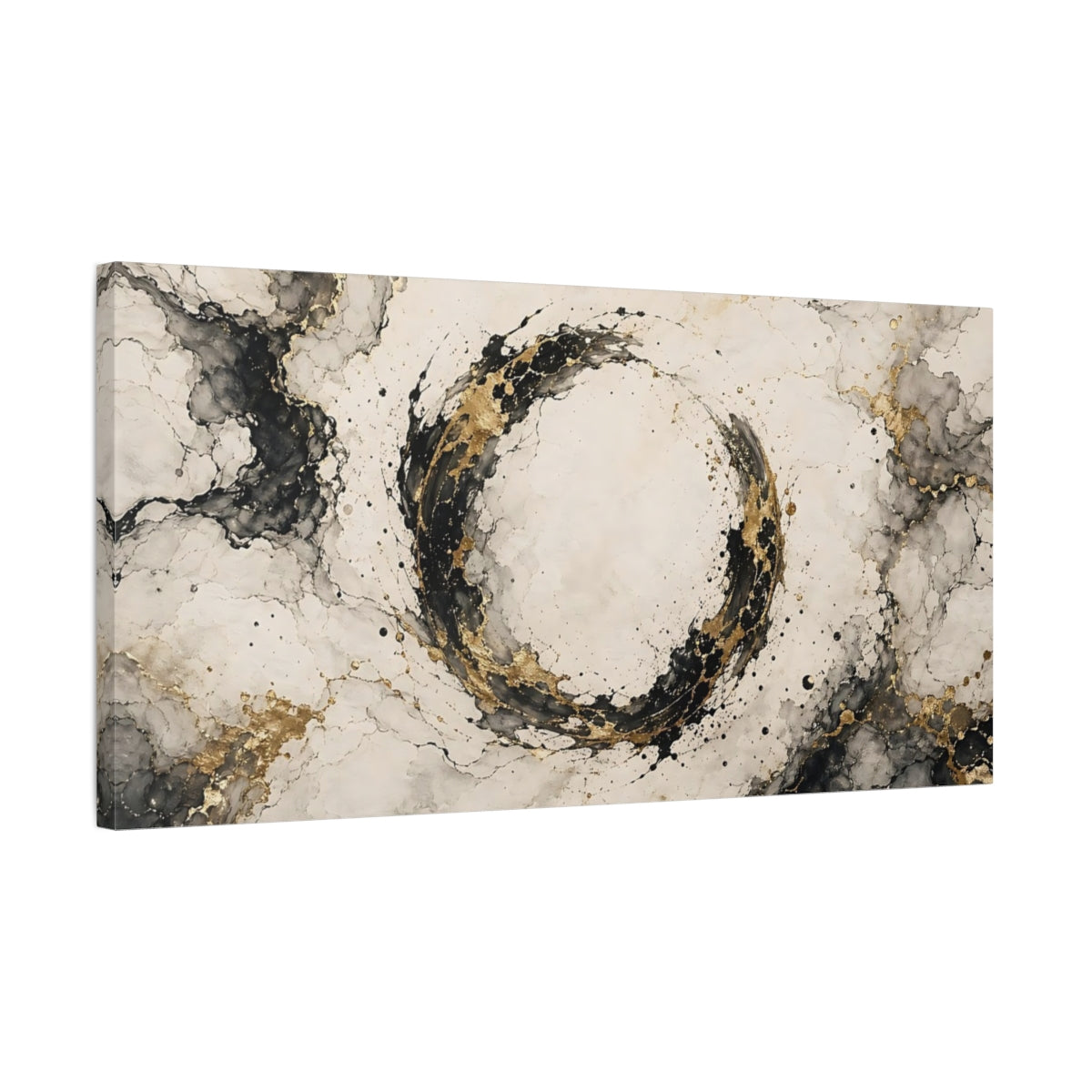 Side Mockup 1. Abstract Abstract Circle Black Gold Abstract shown as stretched canvas wall art