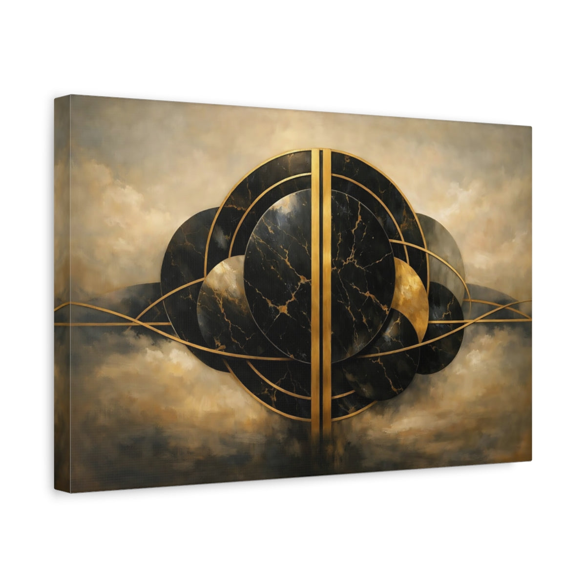 Side Mockup 4. Abstract Abstract Circles Black And Gold shown as stretched canvas wall art
