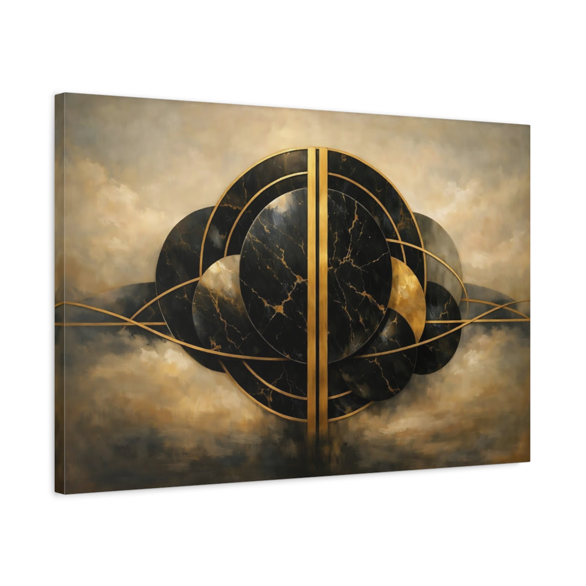 Side Mockup 2. Abstract Abstract Circles Black And Gold shown as stretched canvas wall art
