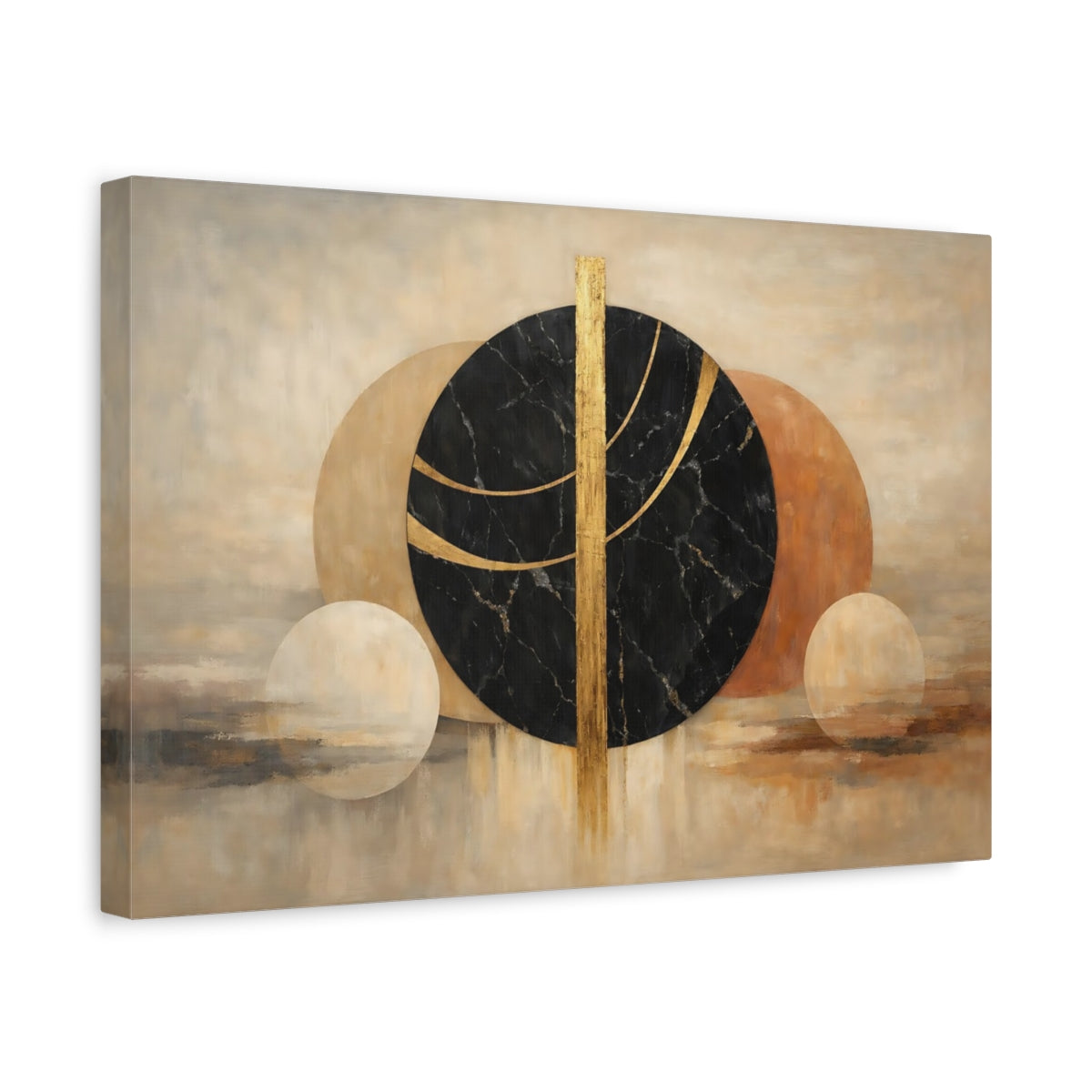 Side Mockup 4. Abstract Abstract Circles Black Gold Abstract shown as stretched canvas wall art