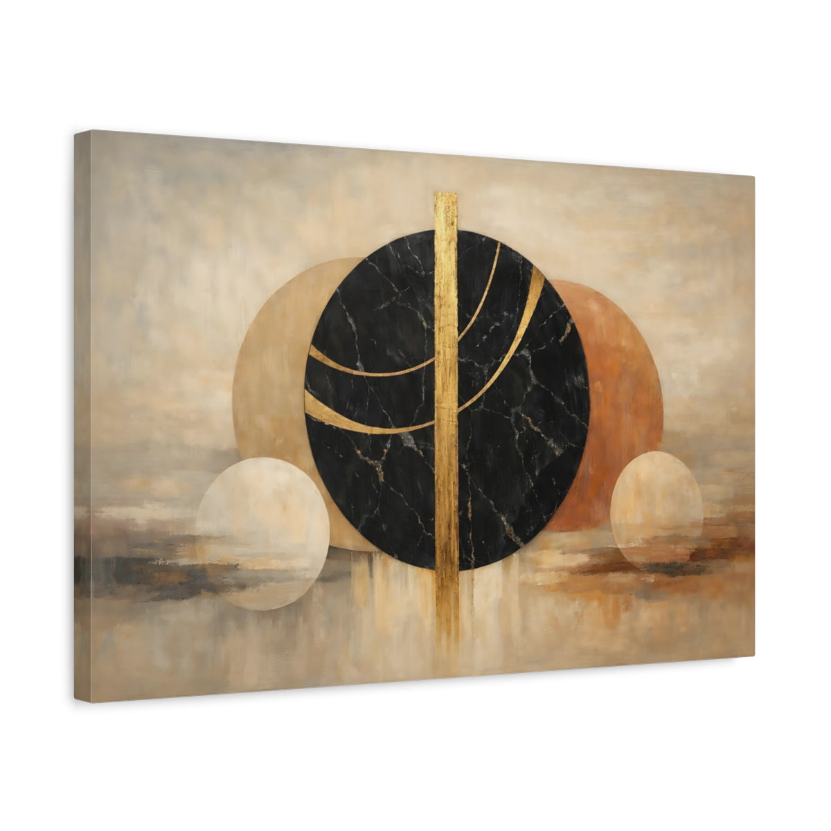 Side Mockup 3. Abstract Abstract Circles Black Gold Abstract shown as stretched canvas wall art