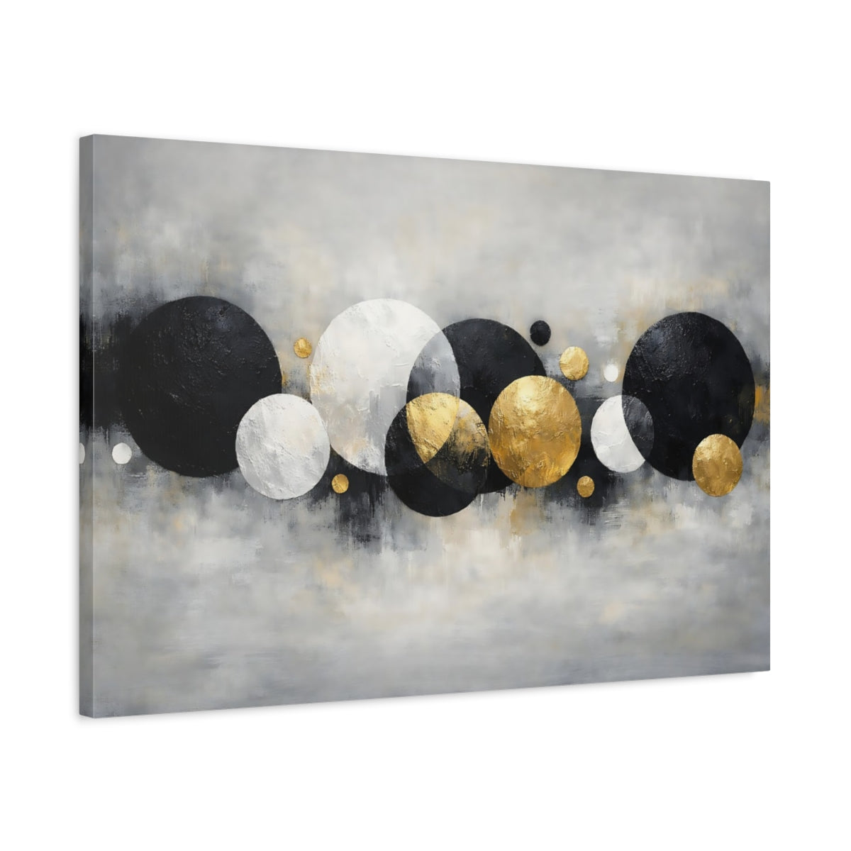 Side Mockup 2. Abstract Abstract Circles Black White Gold Abstract shown as stretched canvas wall art