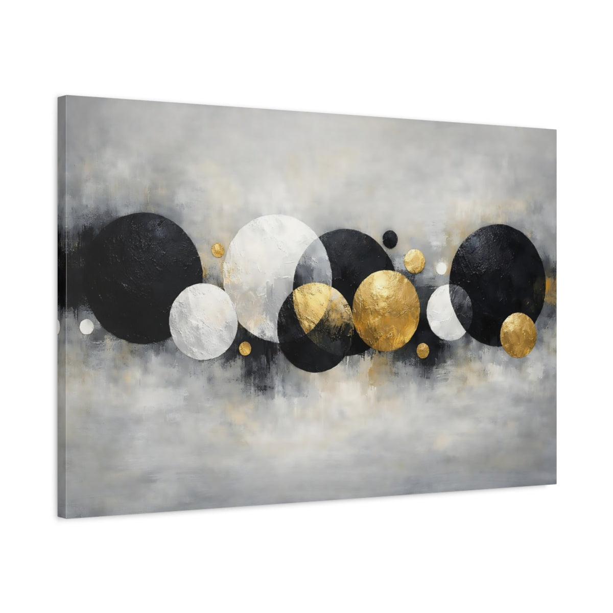 Side Mockup 1. Abstract Abstract Circles Black White Gold Abstract shown as stretched canvas wall art