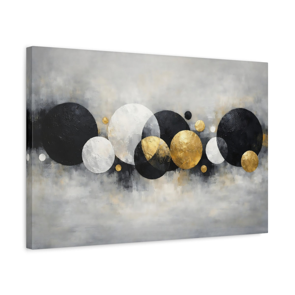 Side Mockup 3. Abstract Abstract Circles Black White Gold Abstract shown as stretched canvas wall art
