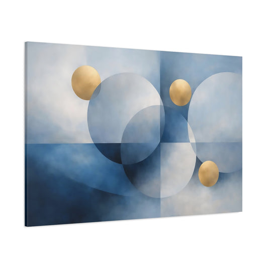 Main Mockup. Abstract Circles Blue And Gold shown as stretched canvas wall art