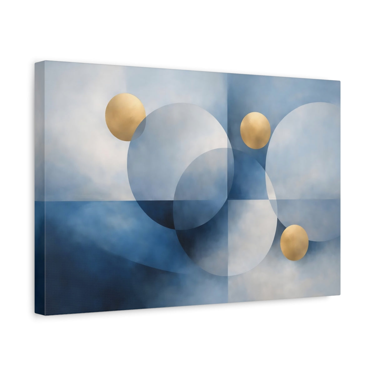 Side Mockup 4. Abstract Circles Blue And Gold shown as stretched canvas wall art