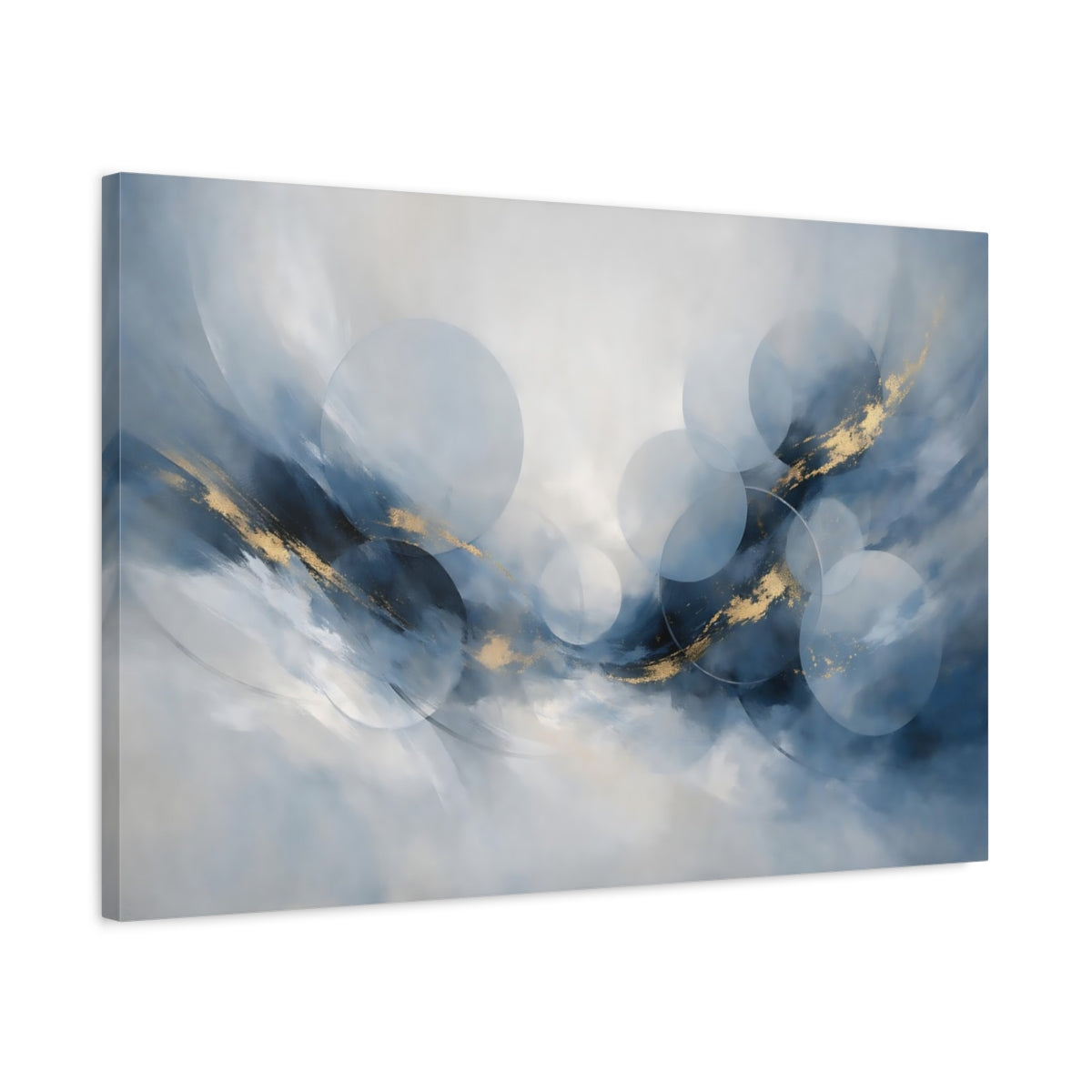 Side Mockup 2. Abstract Abstract Circles Blue And Gold shown as stretched canvas wall art