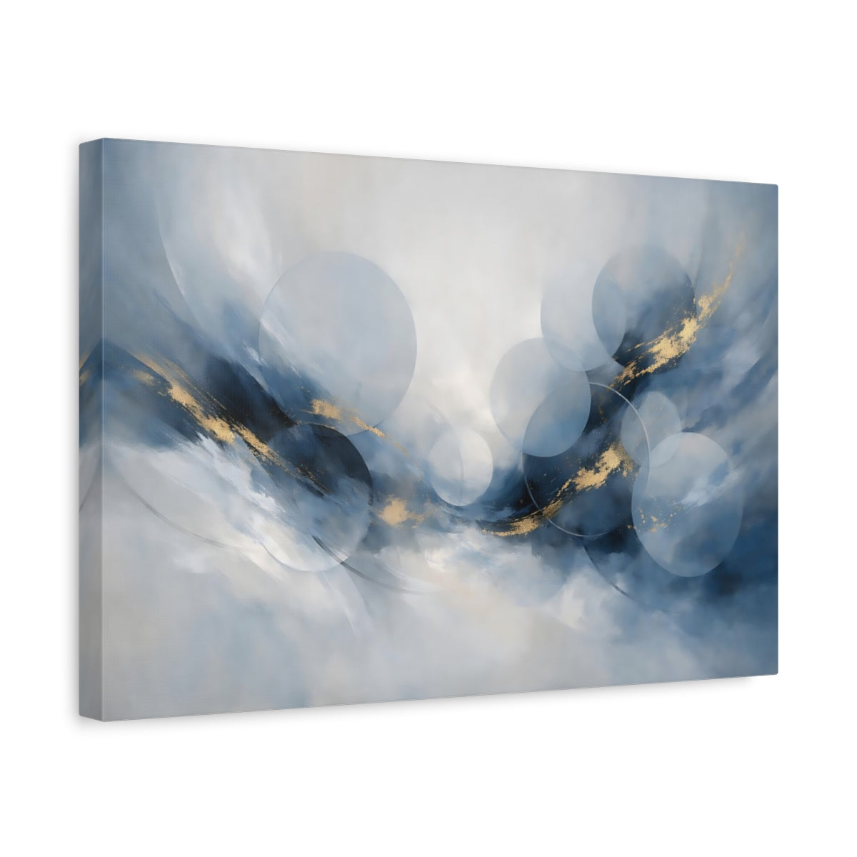 Side Mockup 4. Abstract Abstract Circles Blue And Gold shown as stretched canvas wall art