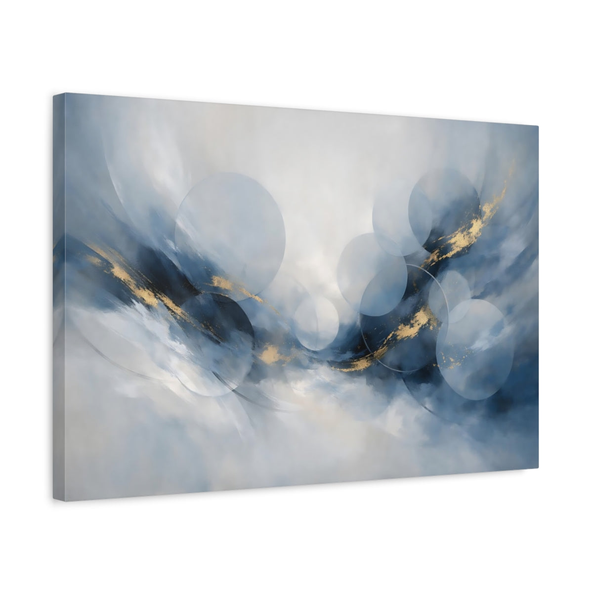 Side Mockup 3. Abstract Abstract Circles Blue And Gold shown as stretched canvas wall art