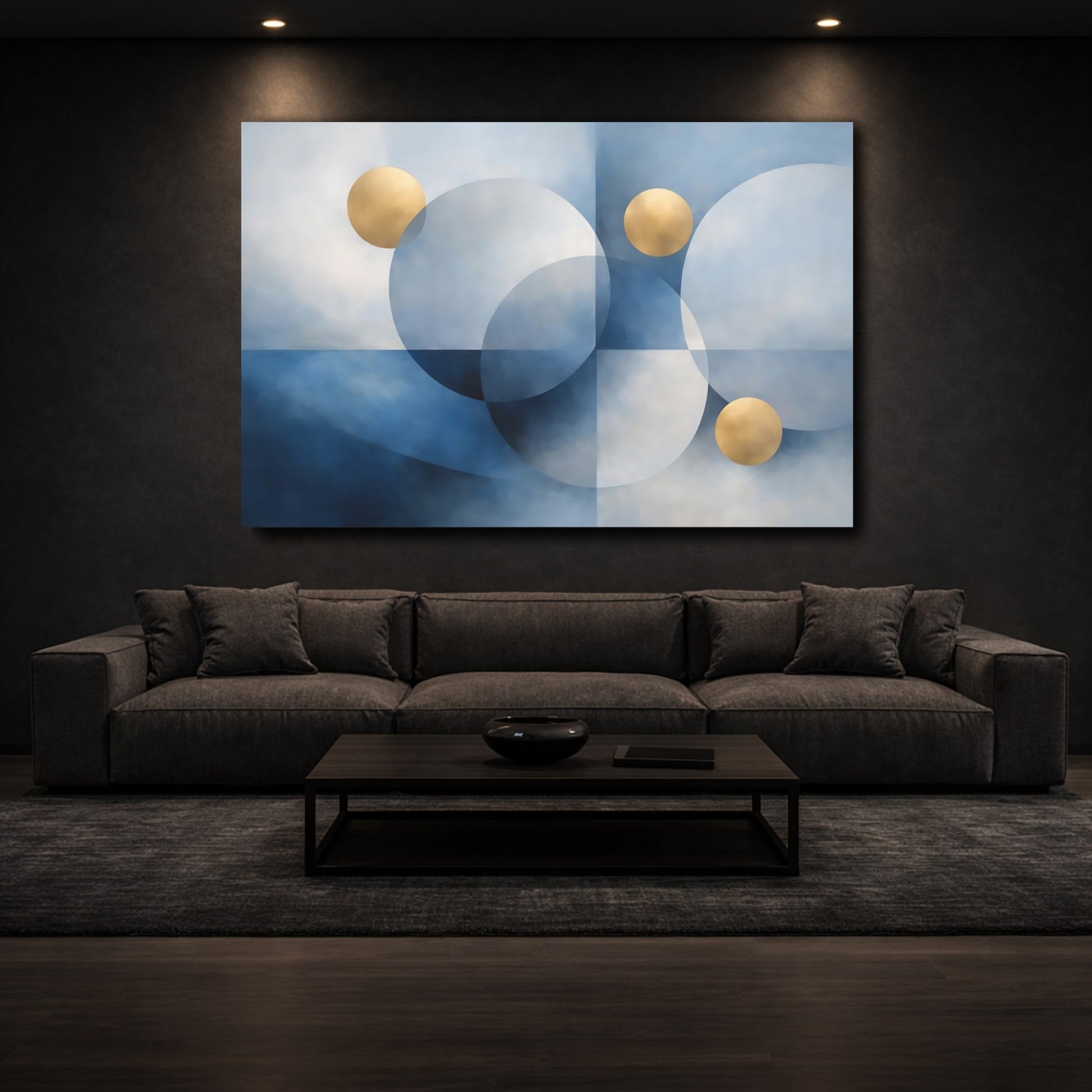 Mockup 2. Abstract Circles Blue And Gold shown as stretched canvas wall art