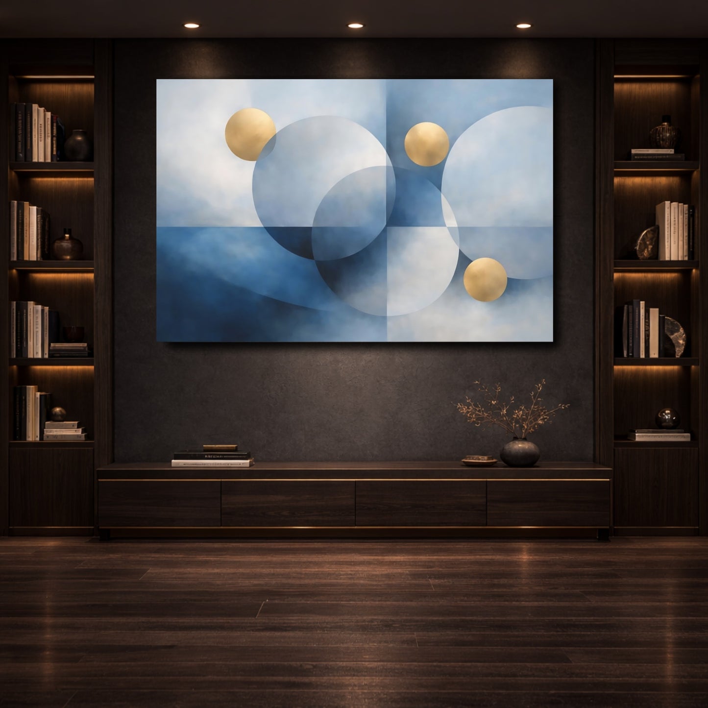 Mockup 3. Abstract Circles Blue And Gold shown as stretched canvas wall art