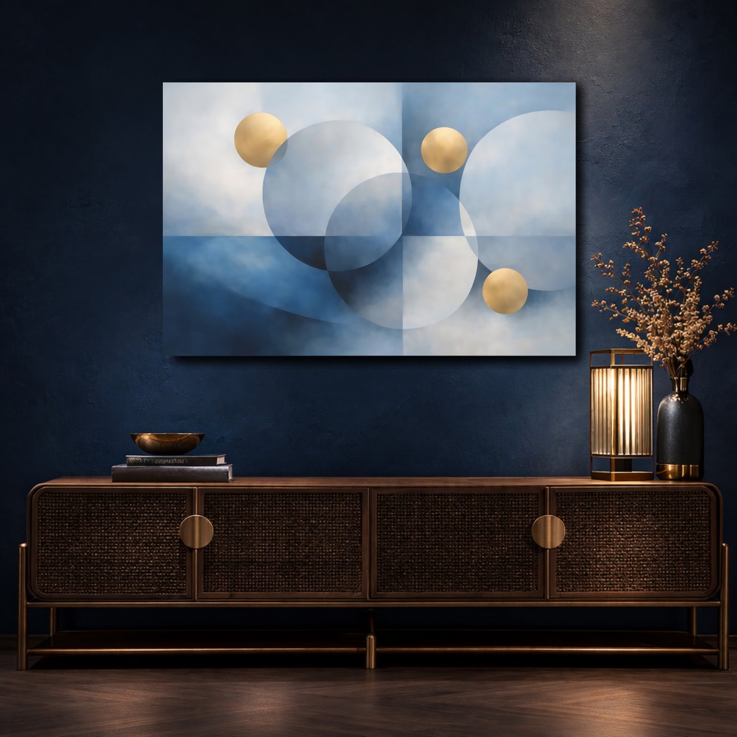 Mockup 4. Abstract Circles Blue And Gold shown as stretched canvas wall art