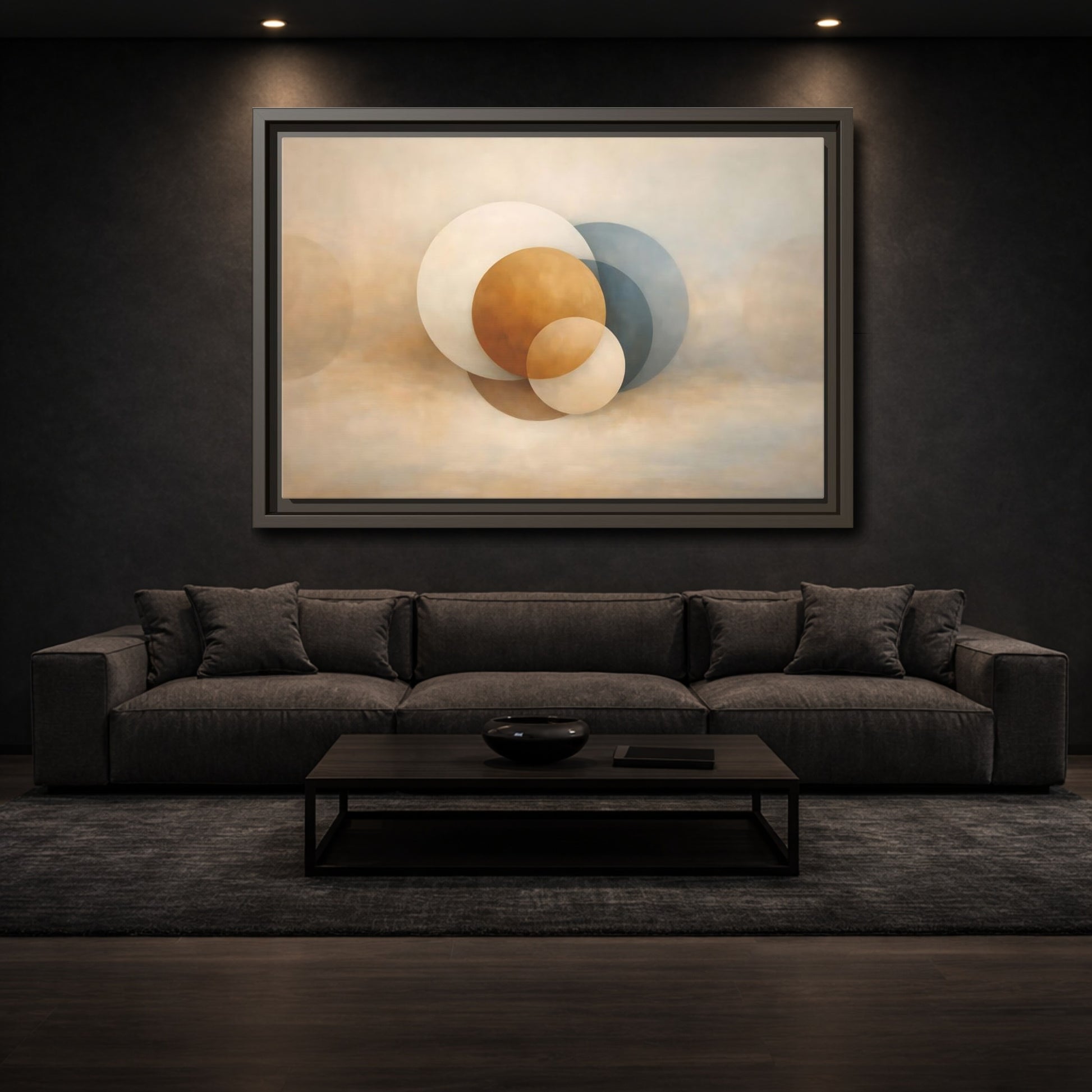 Mockup 2. Abstract Circles Earth Tone Circles shown as stretched canvas wall art
