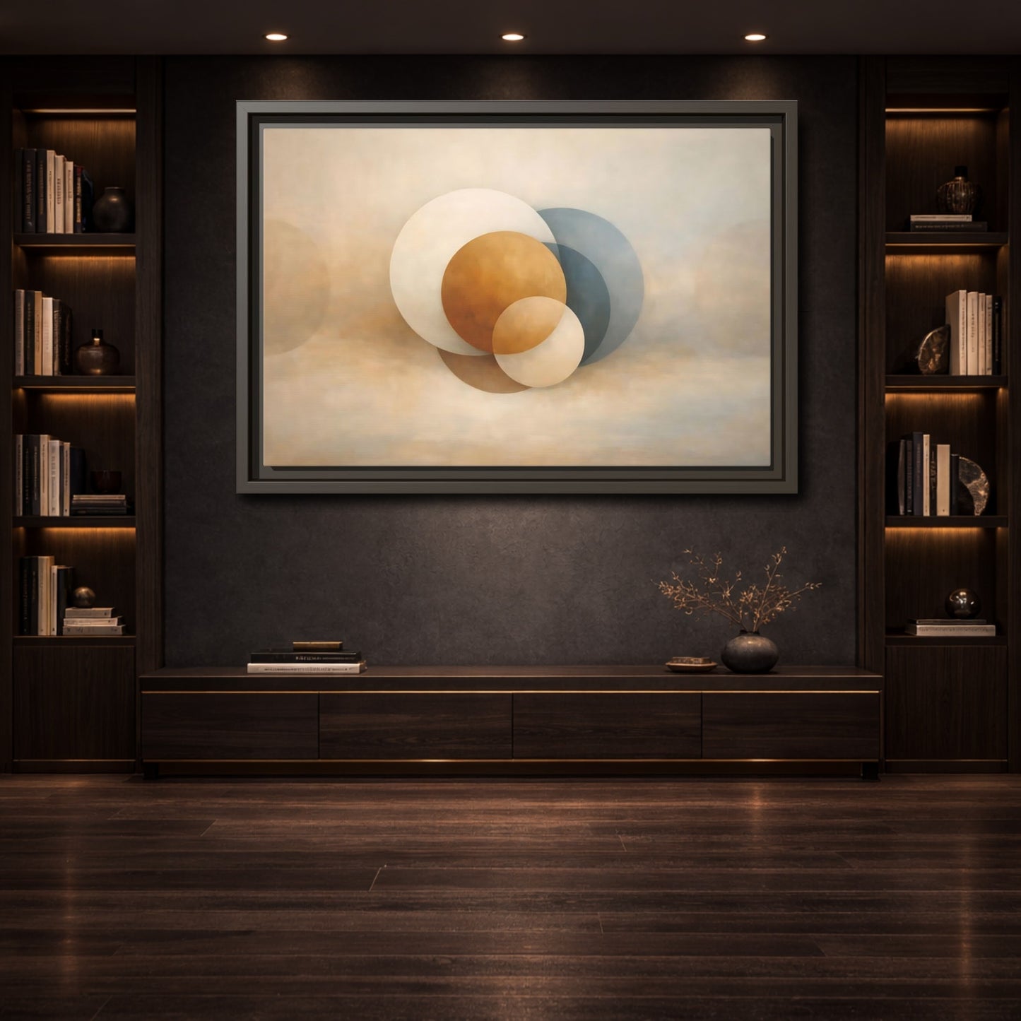 Mockup 3. Abstract Circles Earth Tone Circles shown as stretched canvas wall art