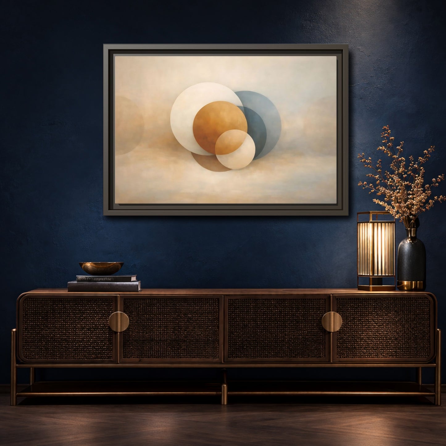 Mockup 4. Abstract Circles Earth Tone Circles shown as stretched canvas wall art