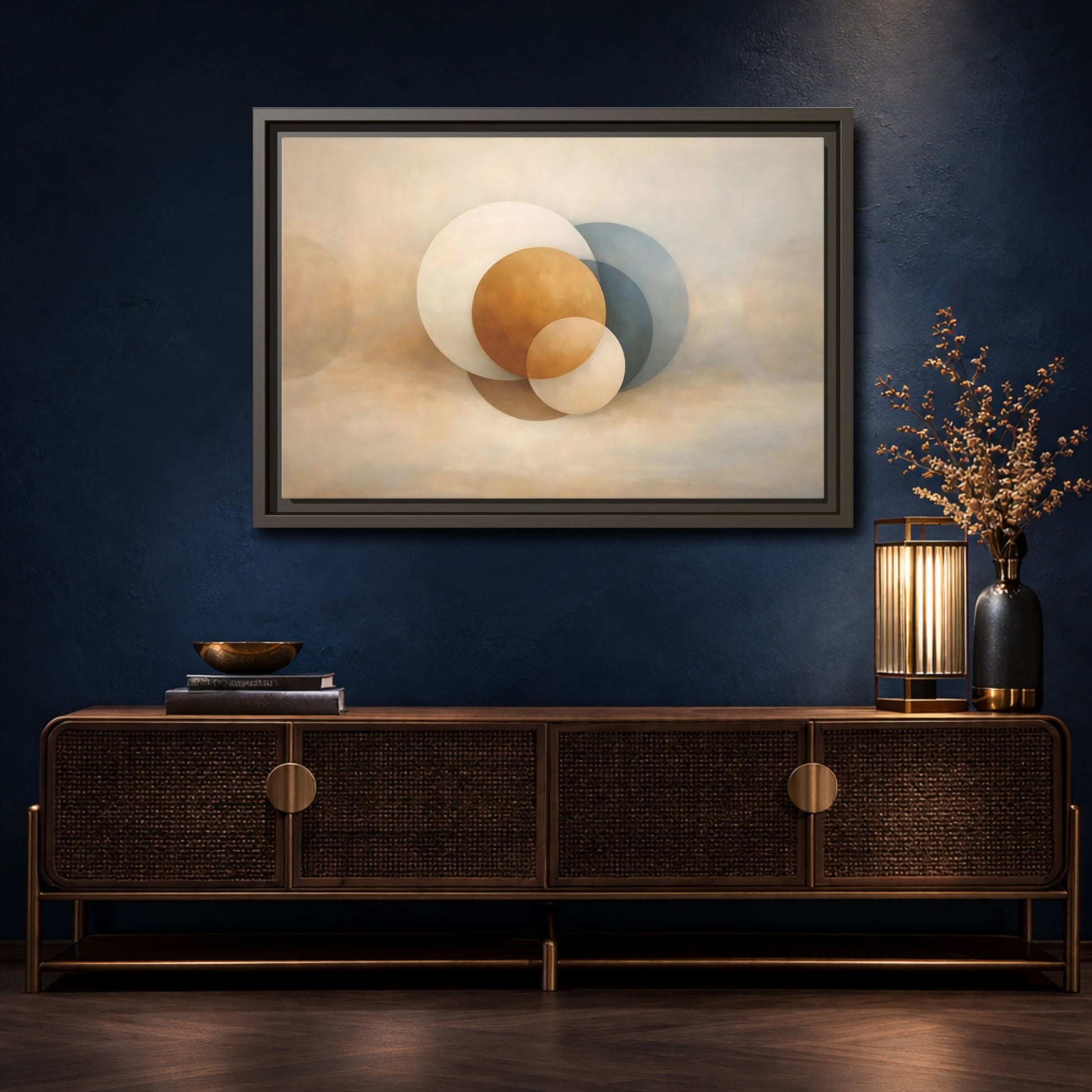 Mockup 4. Abstract Circles Earth Tone Circles shown as stretched canvas wall art
