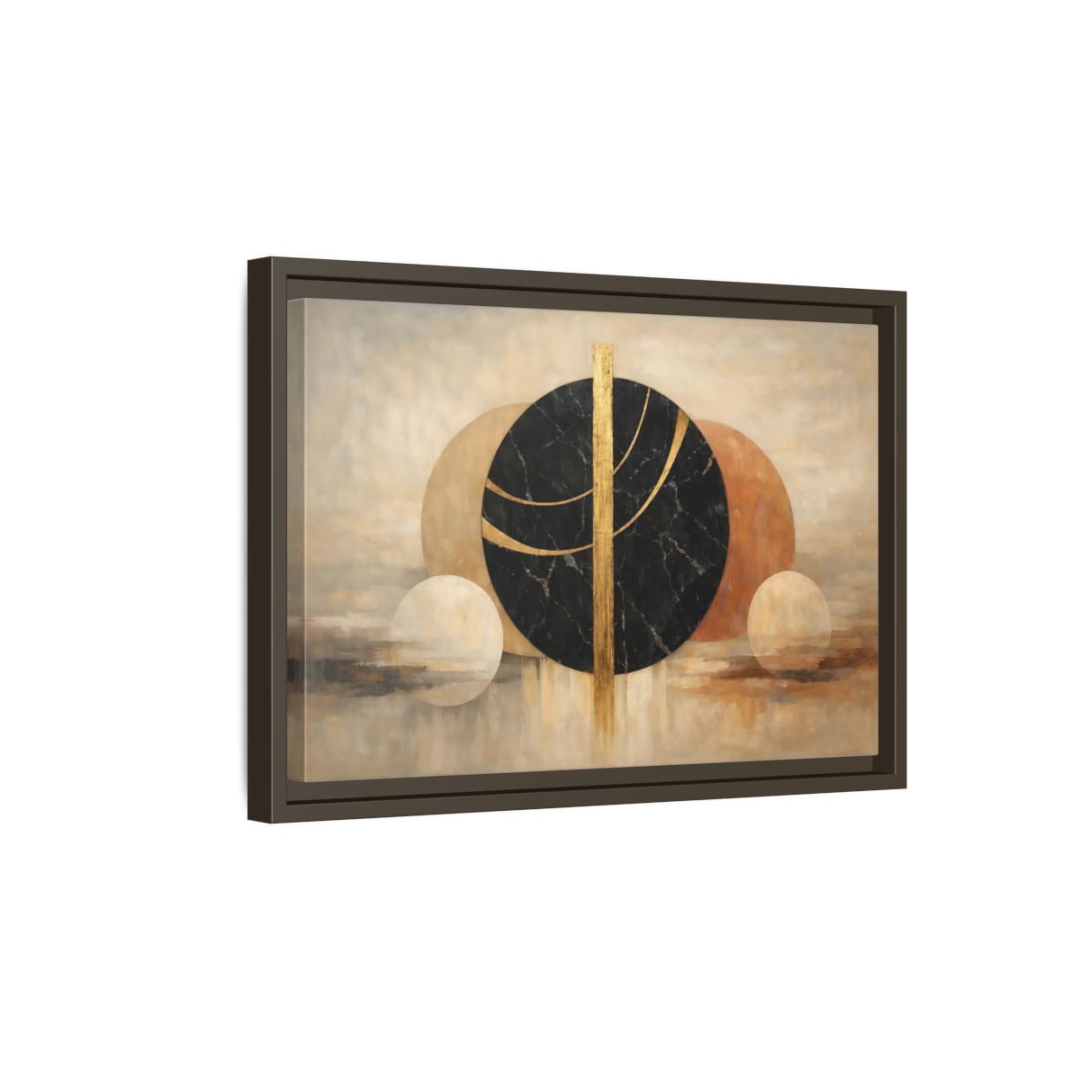 Side Mockup 5. Abstract Abstract Circles Gold And Black Abstract shown as stretched canvas wall art