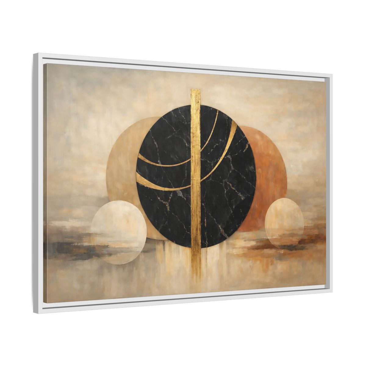 Side Mockup 8. Abstract Abstract Circles Gold And Black Abstract shown as stretched canvas wall art