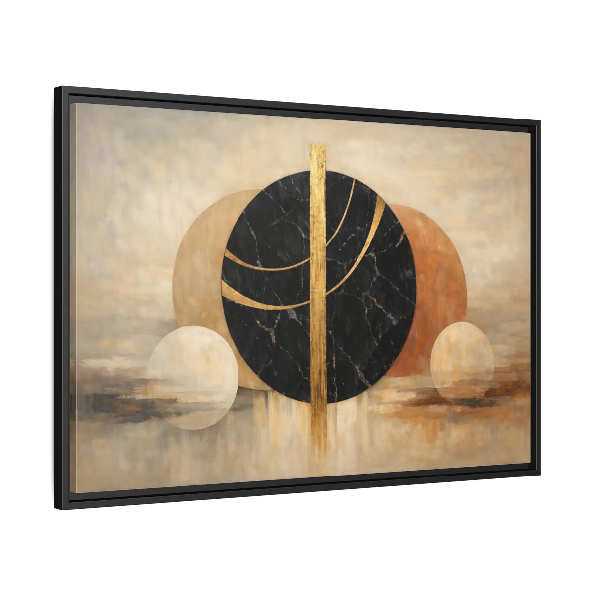 Side Mockup 13. Abstract Abstract Circles Gold And Black Abstract shown as stretched canvas wall art