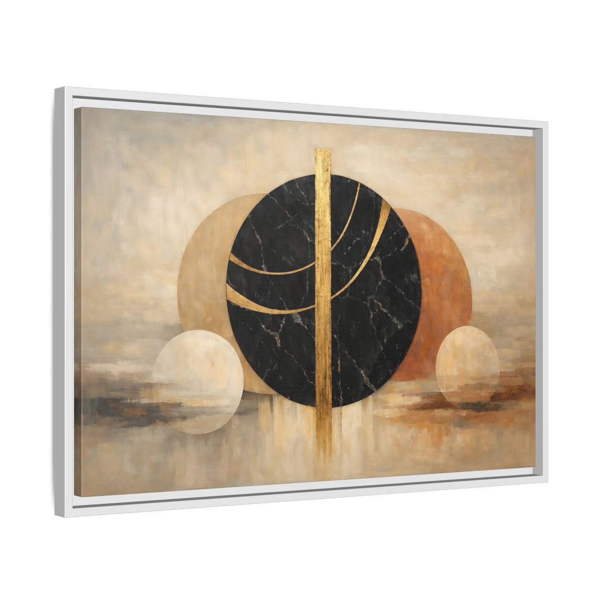 Side Mockup 10. Abstract Abstract Circles Gold And Black Abstract shown as stretched canvas wall art