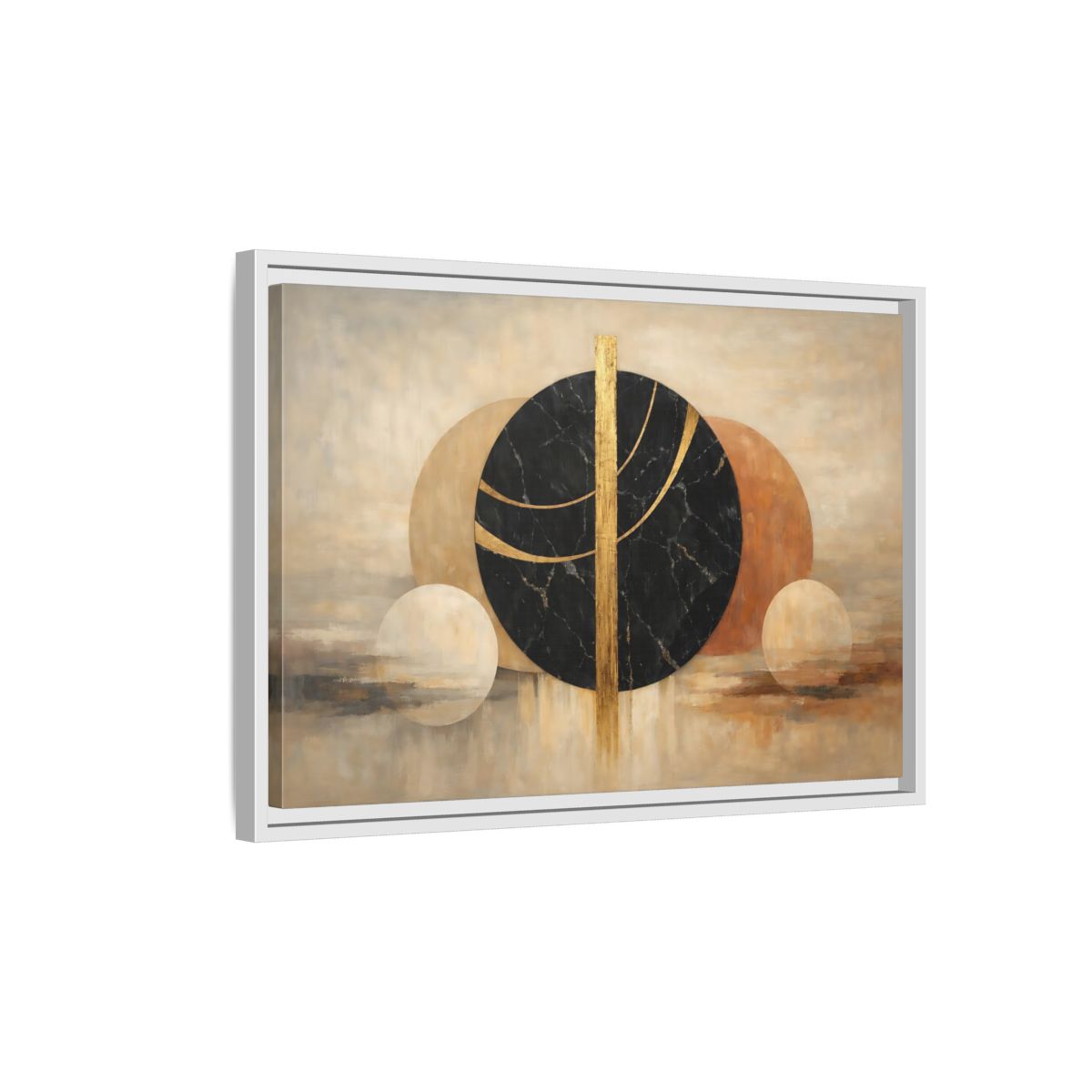 Side Mockup 1. Abstract Abstract Circles Gold And Black Abstract shown as stretched canvas wall art