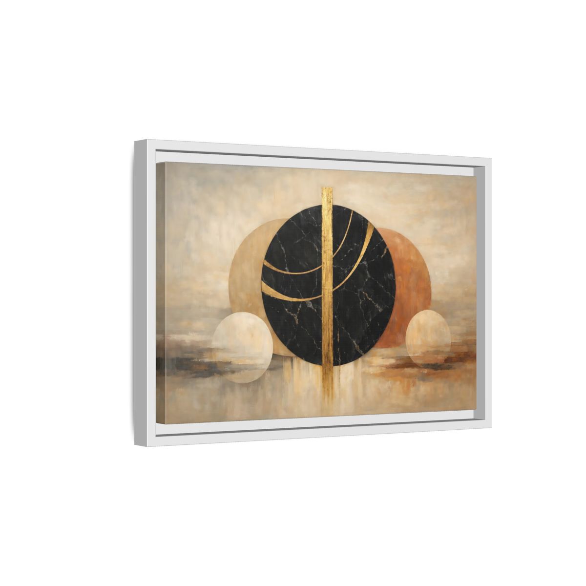 Side Mockup 4. Abstract Abstract Circles Gold And Black Abstract shown as stretched canvas wall art