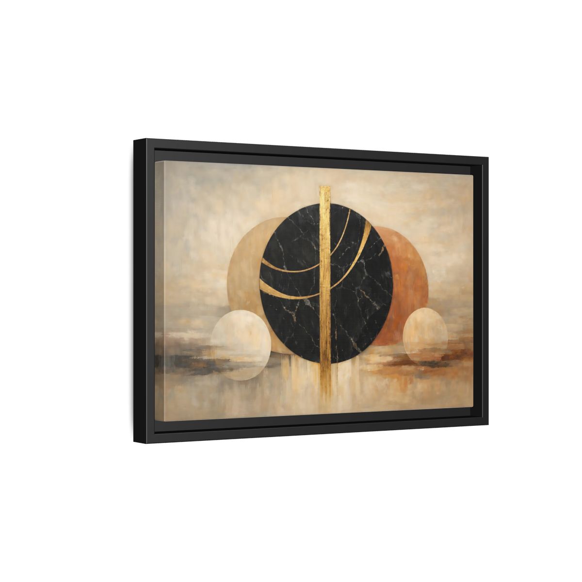 Side Mockup 6. Abstract Abstract Circles Gold And Black Abstract shown as stretched canvas wall art