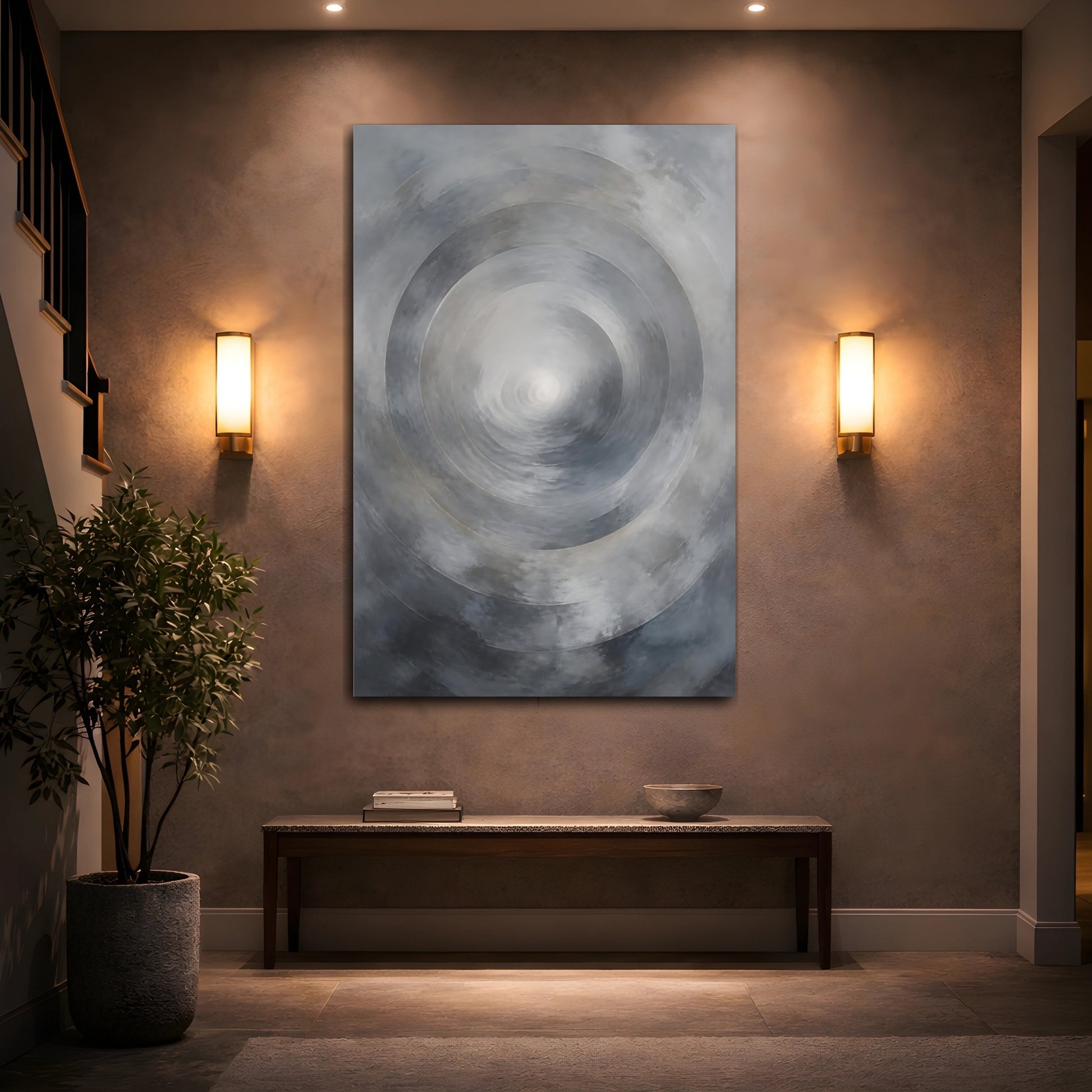 Mockup 2. Abstract Circles Grey Abstract shown as stretched canvas wall art