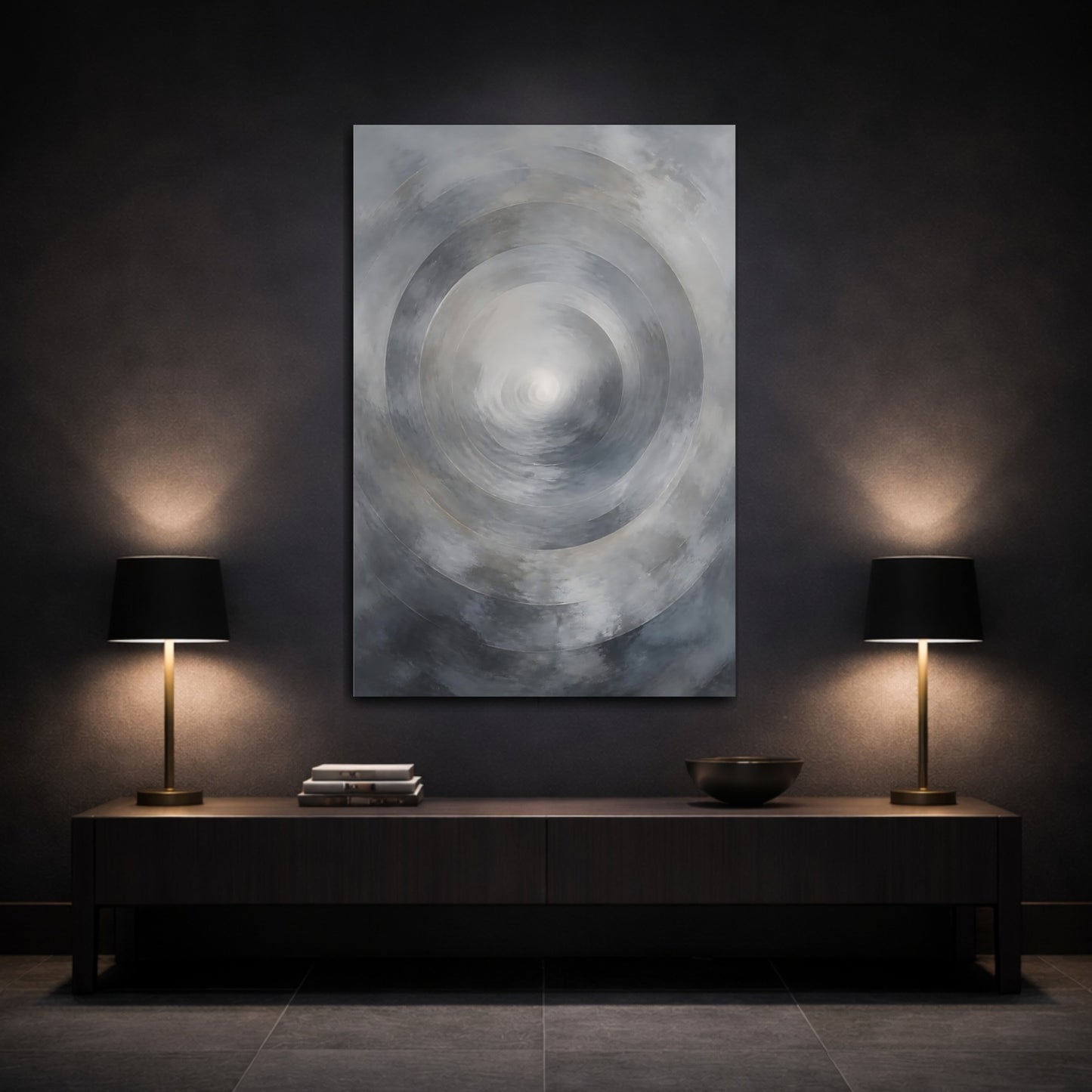 Mockup 3. Abstract Circles Grey Abstract shown as stretched canvas wall art