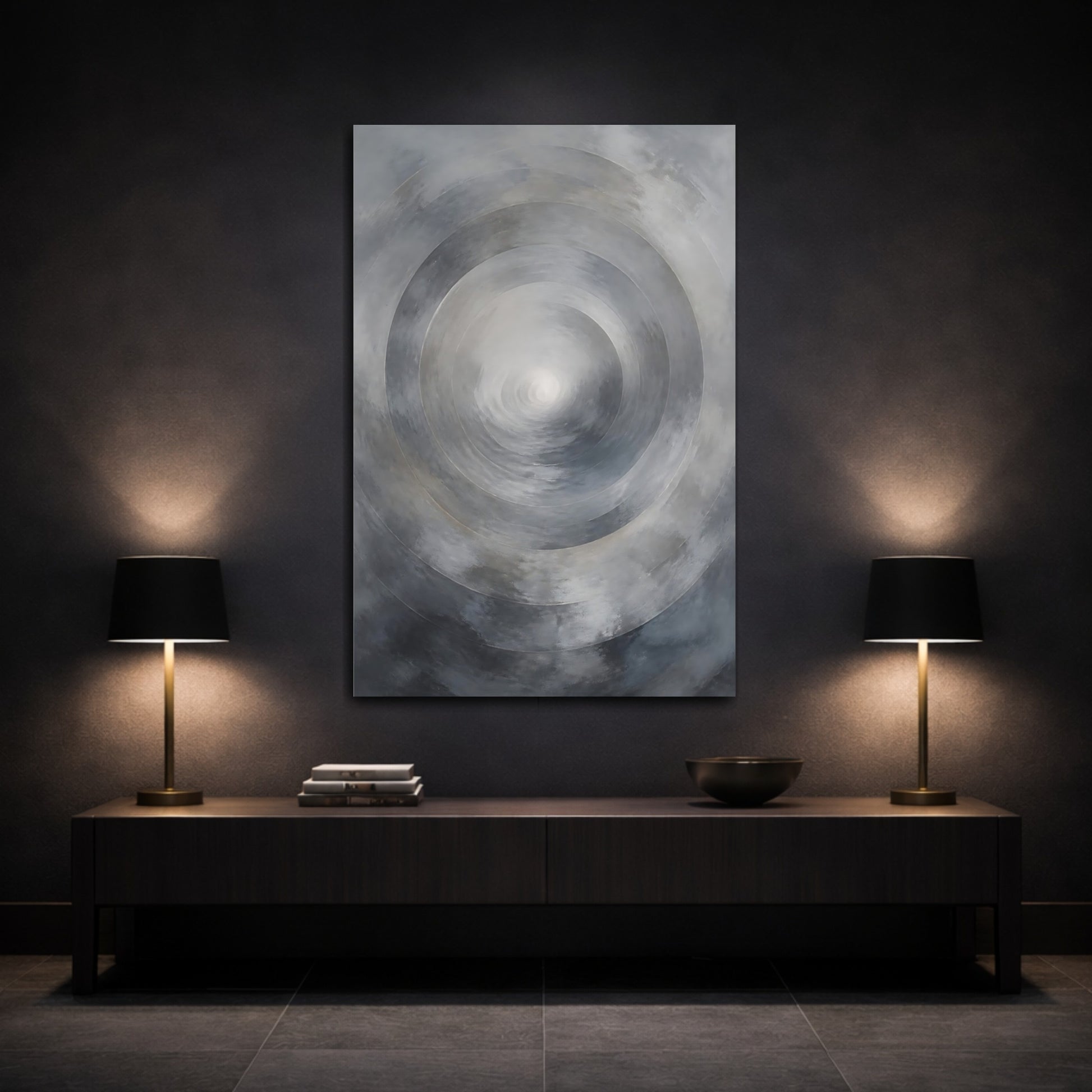 Mockup 3. Abstract Circles Grey Abstract shown as stretched canvas wall art