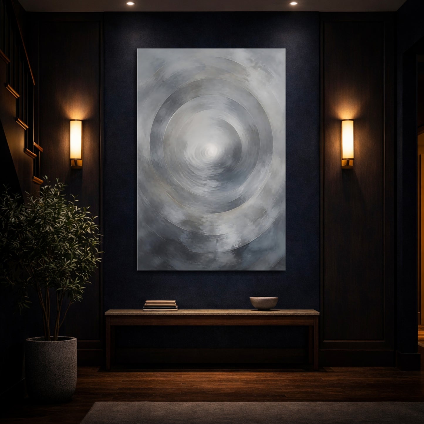 Mockup 4. Abstract Circles Grey Abstract shown as stretched canvas wall art