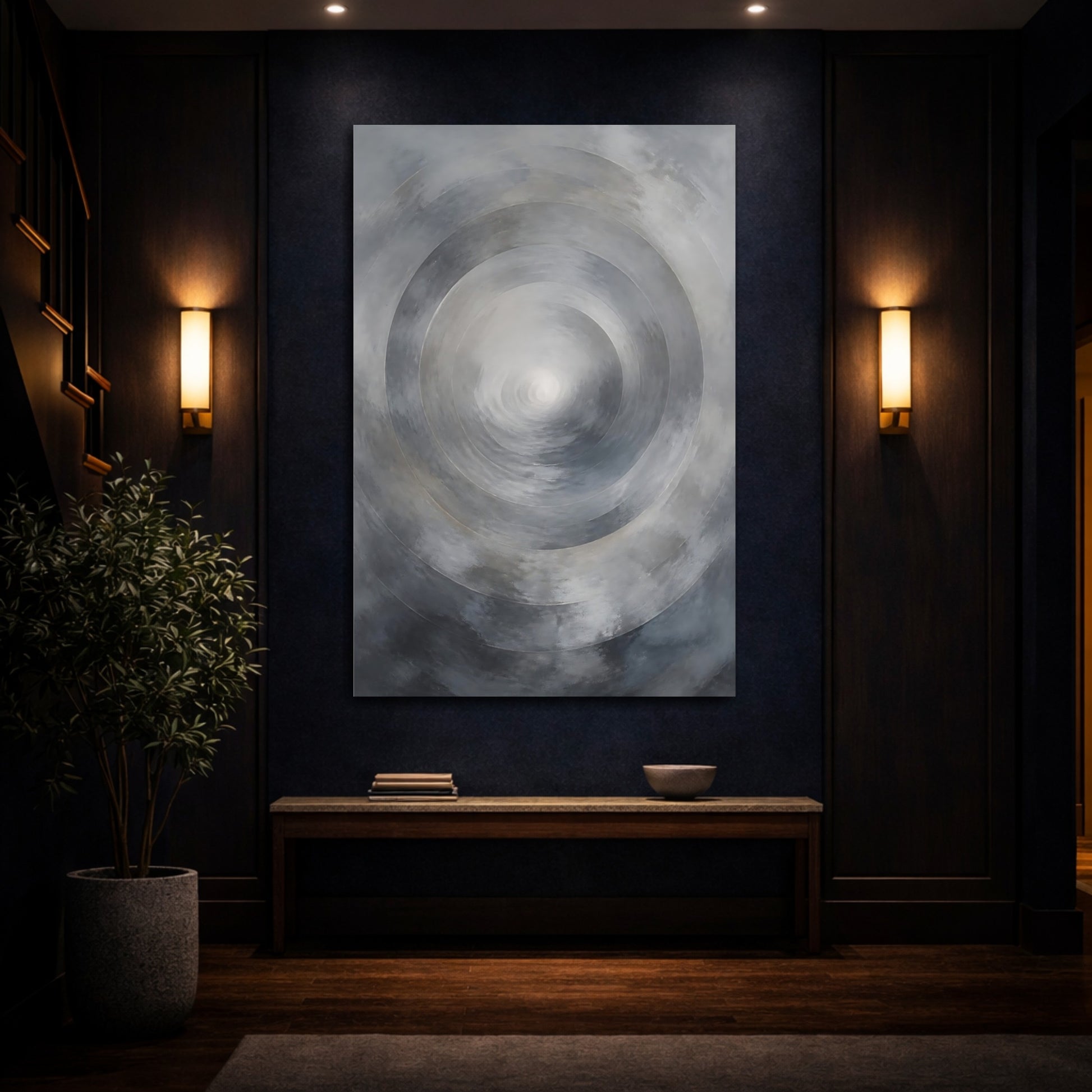 Mockup 4. Abstract Circles Grey Abstract shown as stretched canvas wall art