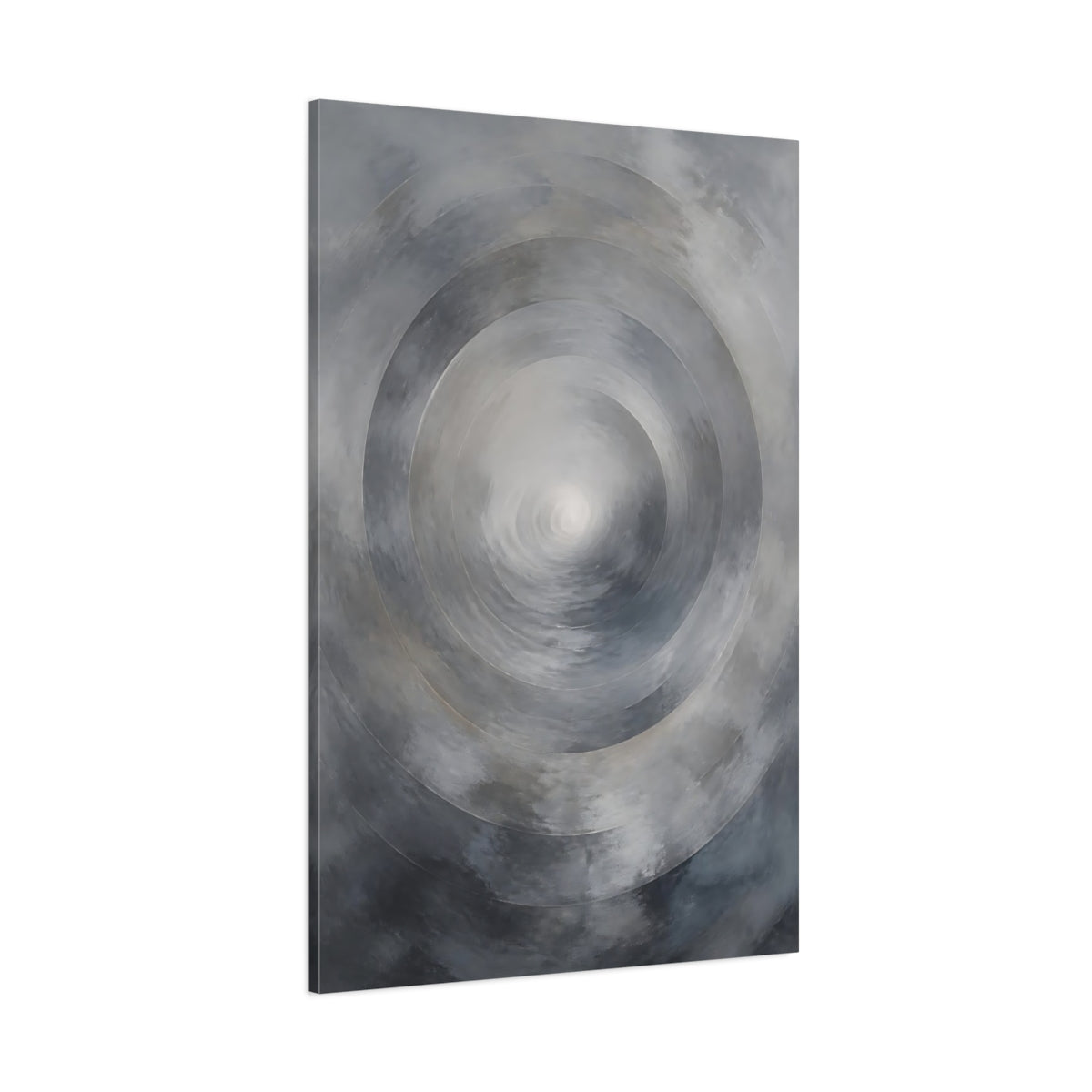 Side Mockup 1. Abstract Circles Grey Abstract shown as stretched canvas wall art