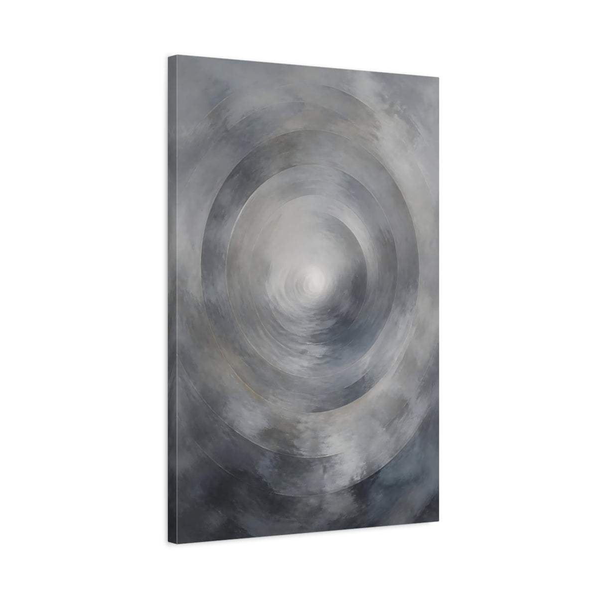 Side Mockup 2. Abstract Circles Grey Abstract shown as stretched canvas wall art