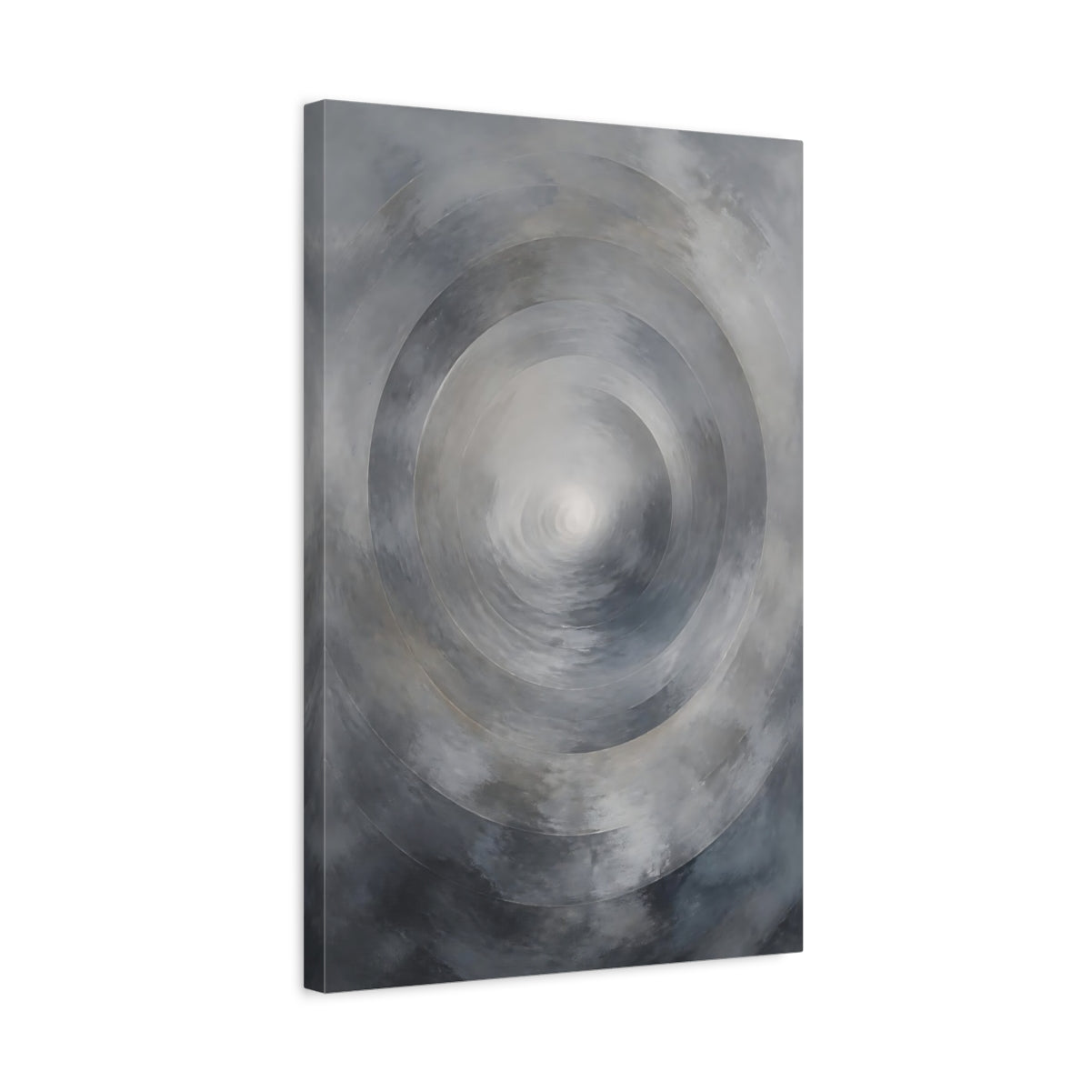 Side Mockup 3. Abstract Circles Grey Abstract shown as stretched canvas wall art