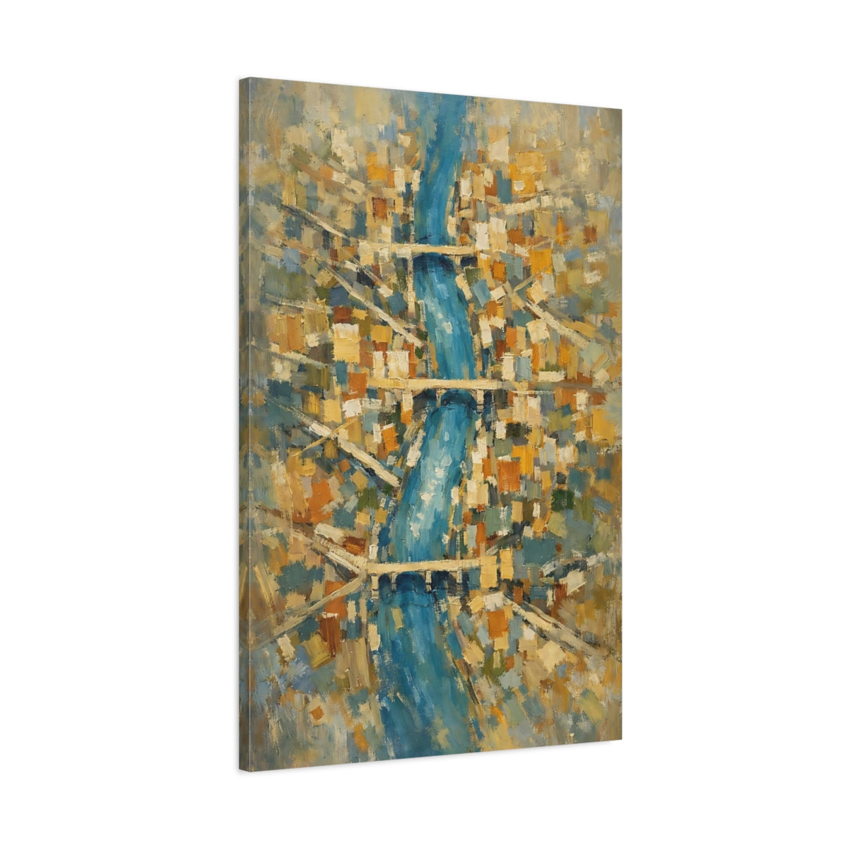 Side Mockup 1. Abstract City River Blue And Gold Cityscape shown as stretched canvas wall art