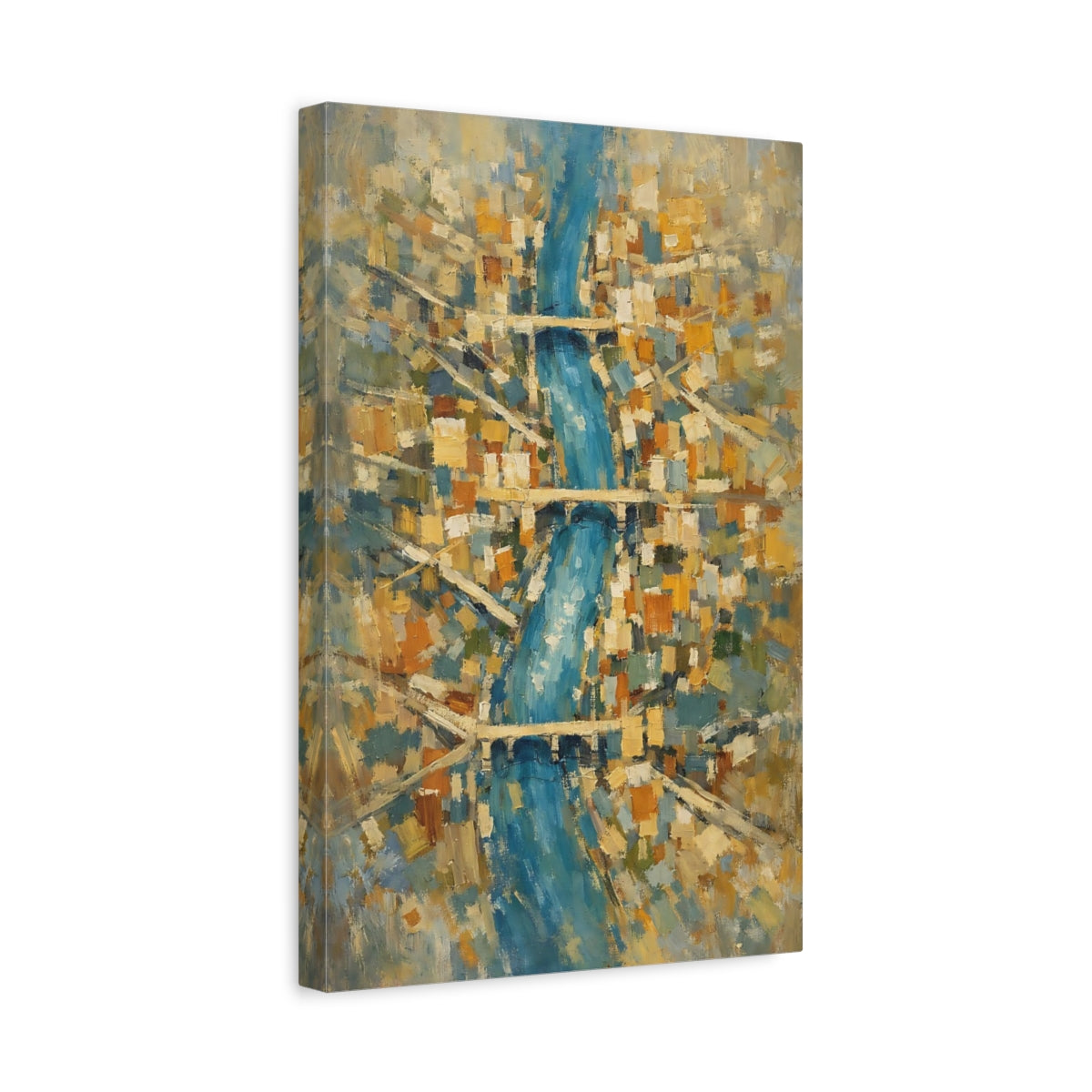Side Mockup 4. Abstract City River Blue And Gold Cityscape shown as stretched canvas wall art
