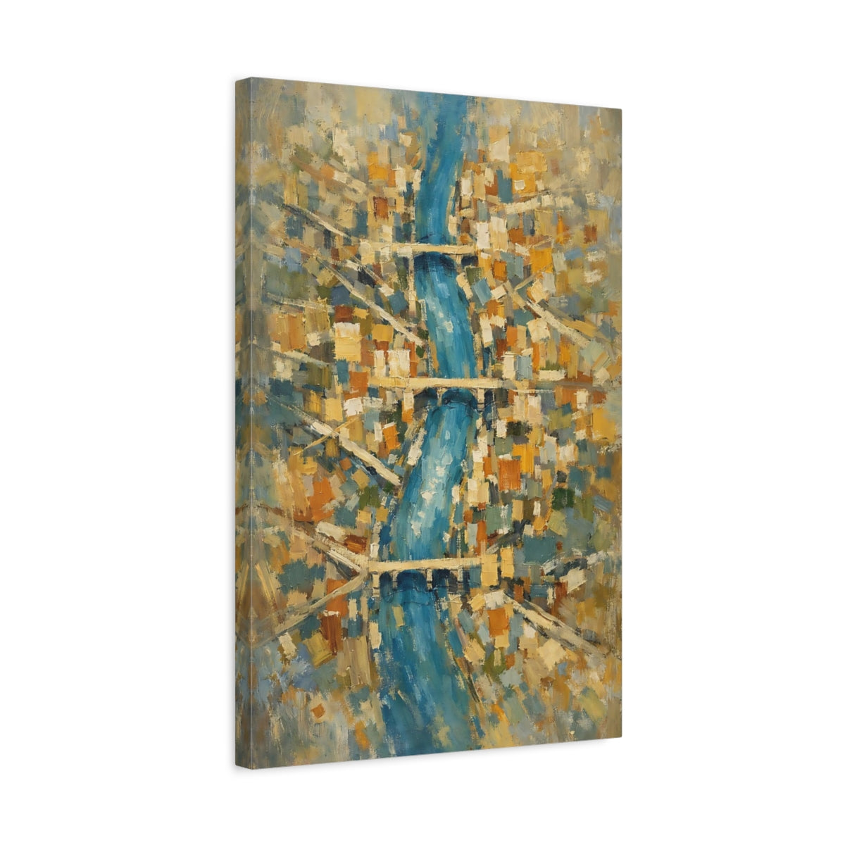 Side Mockup 3. Abstract City River Blue And Gold Cityscape shown as stretched canvas wall art
